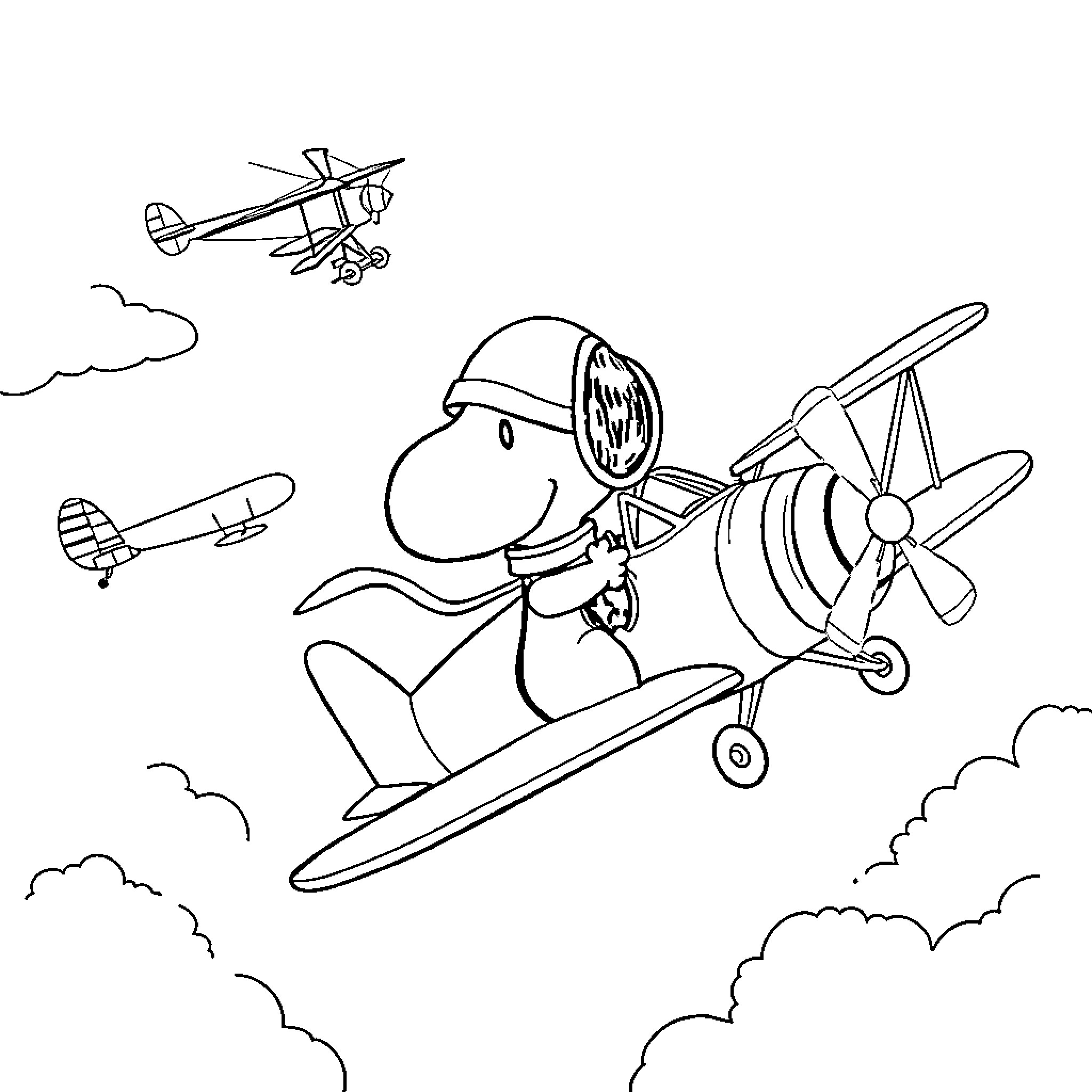 Snoopy flying a biplane with clouds Coloring Page (free black-and-white line drawing printable PDF for all, from beginners to advanced learners, including children, teens, adults, and seniors)