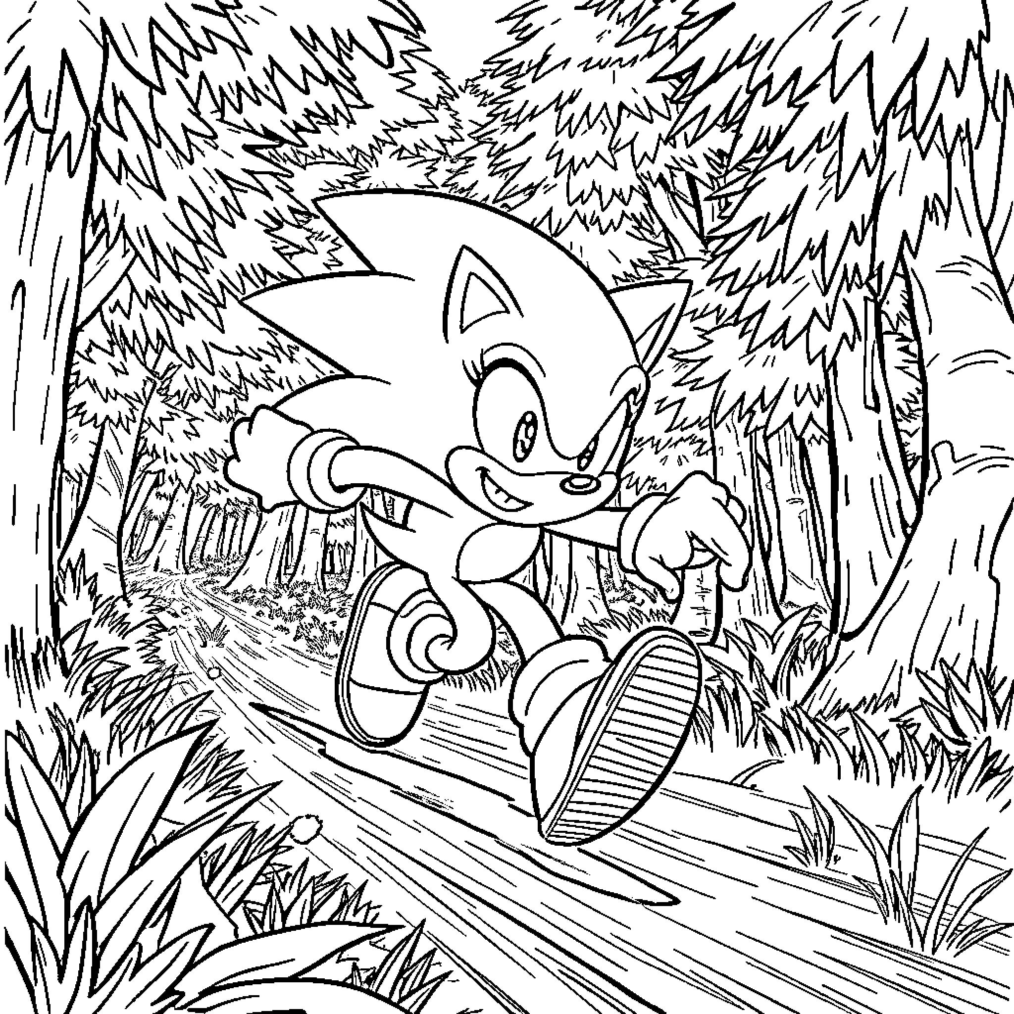 Sonic running joyfully through lush forest landscape Coloring Page (free black-and-white line drawing printable PDF for all, from beginners to advanced learners, including children, teens, adults, and seniors)