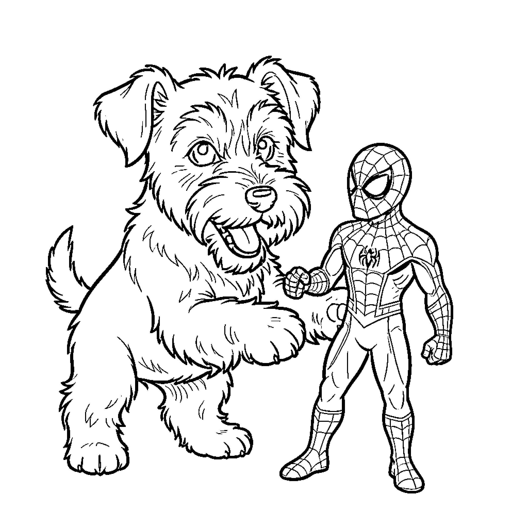 Schnauzer standing next to a superhero character Coloring Page (free black-and-white line drawing printable PDF for all, from beginners to advanced learners, including children, teens, adults, and seniors)