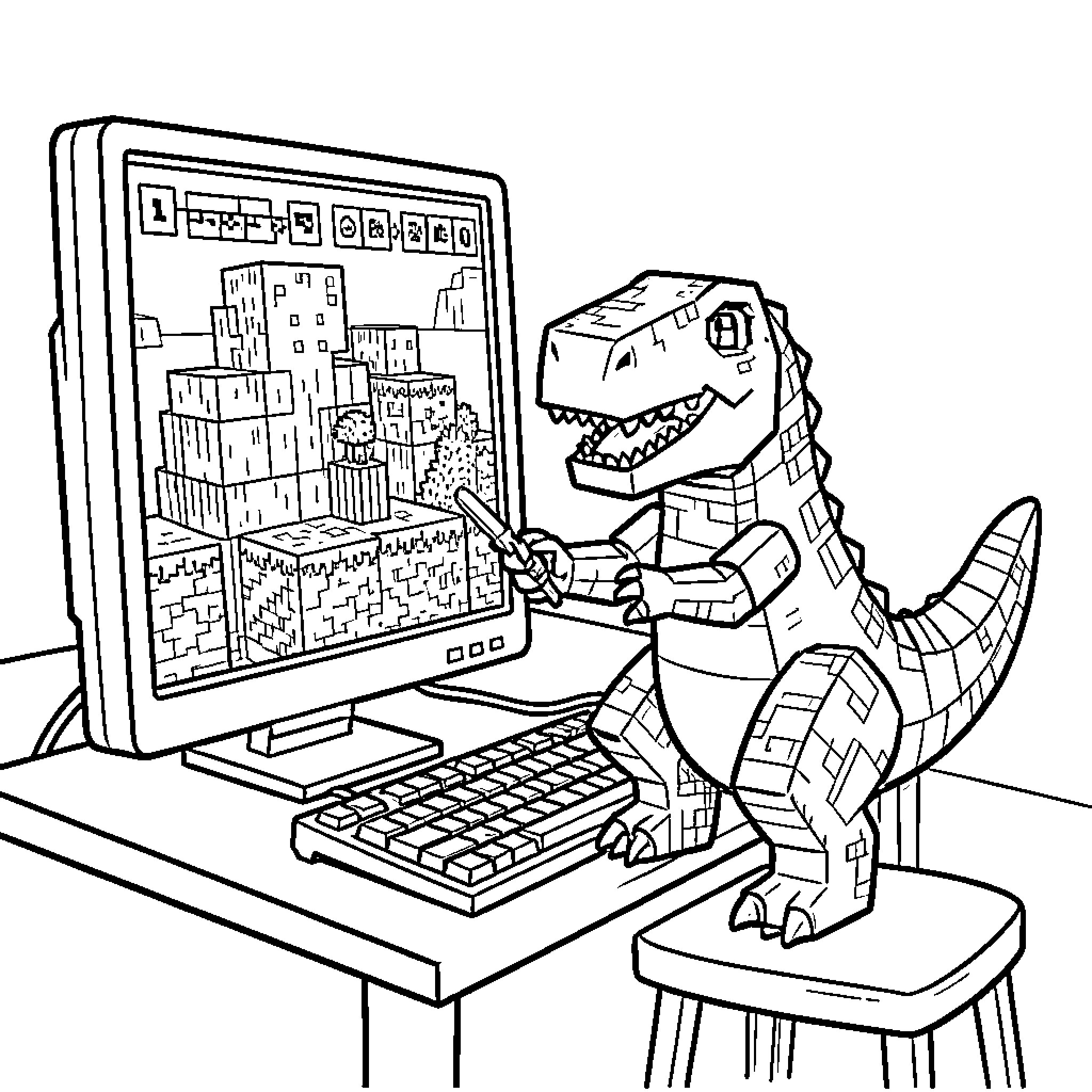 Dinosaur sitting at a desk using a computer Coloring Page (free black-and-white line drawing printable PDF for all, from beginners to advanced learners, including children, teens, adults, and seniors)
