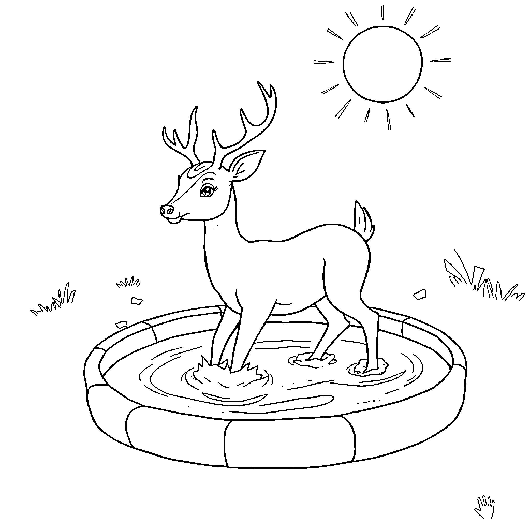 Deer cooling off in a pond on a sunny day Coloring Page (free black-and-white line drawing printable PDF for all, from beginners to advanced learners, including children, teens, adults, and seniors)