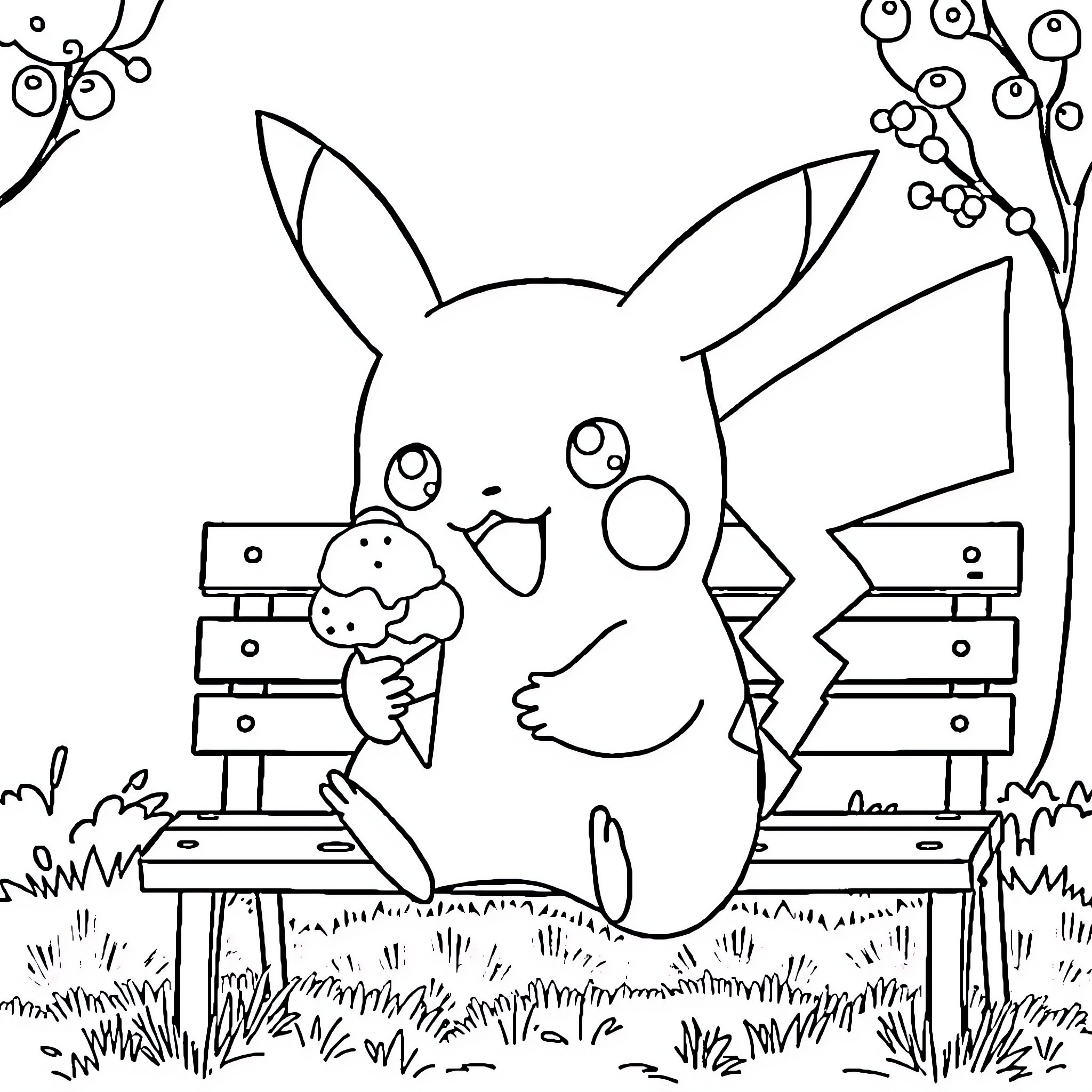 Pikachu enjoying a treat on a park bench Coloring Page (free black-and-white line drawing printable PDF for all, from beginners to advanced learners, including children, teens, adults, and seniors)