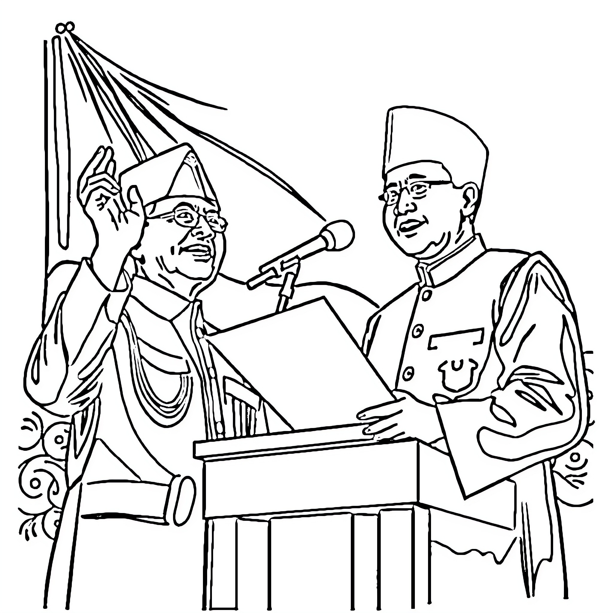 Soekarno addressing the crowd at a public event Coloring Page (free black-and-white line drawing printable PDF for all, from beginners to advanced learners, including children, teens, adults, and seniors)