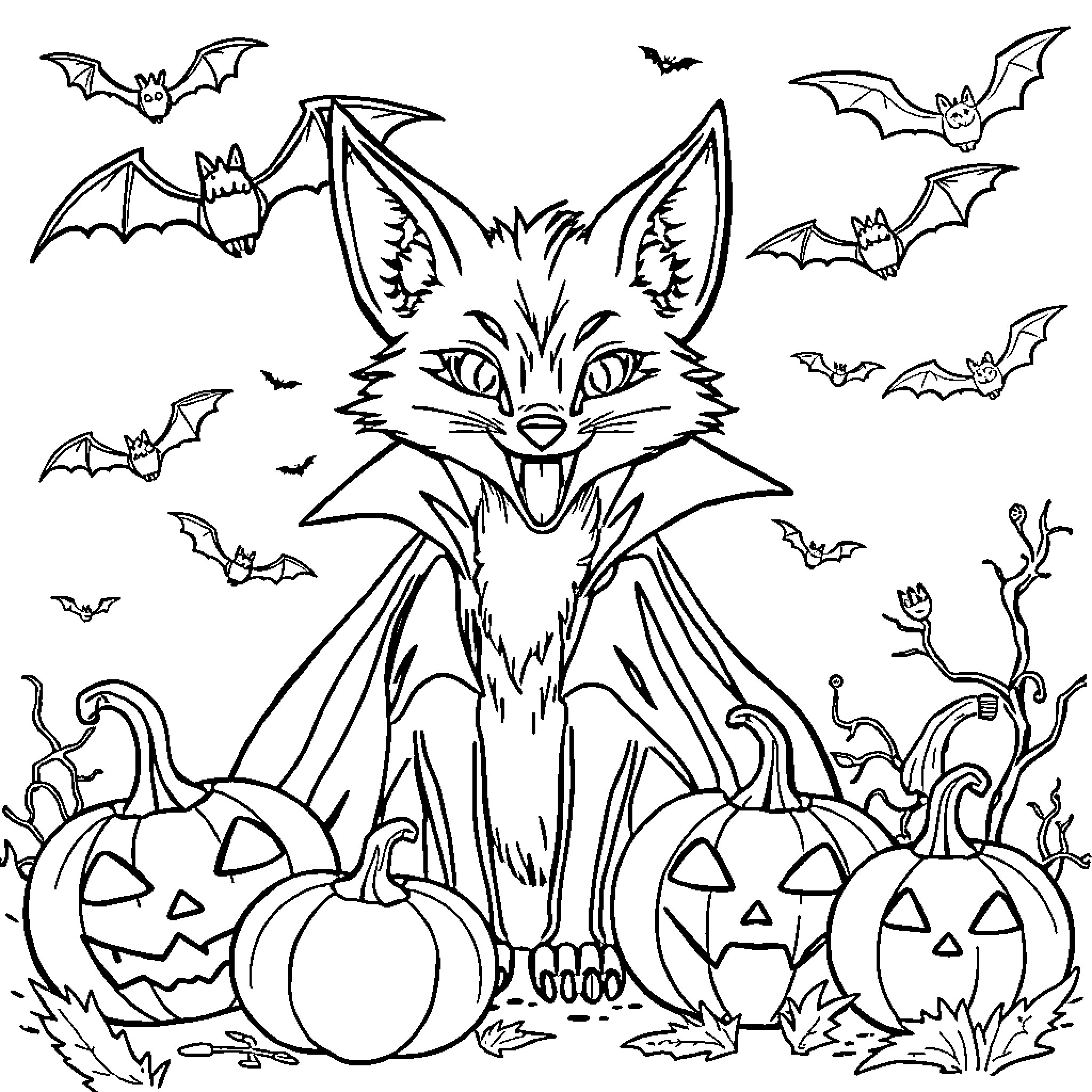 Fox amid Halloween decorations and bats Coloring Page (free black-and-white line drawing printable PDF for all, from beginners to advanced learners, including children, teens, adults, and seniors)