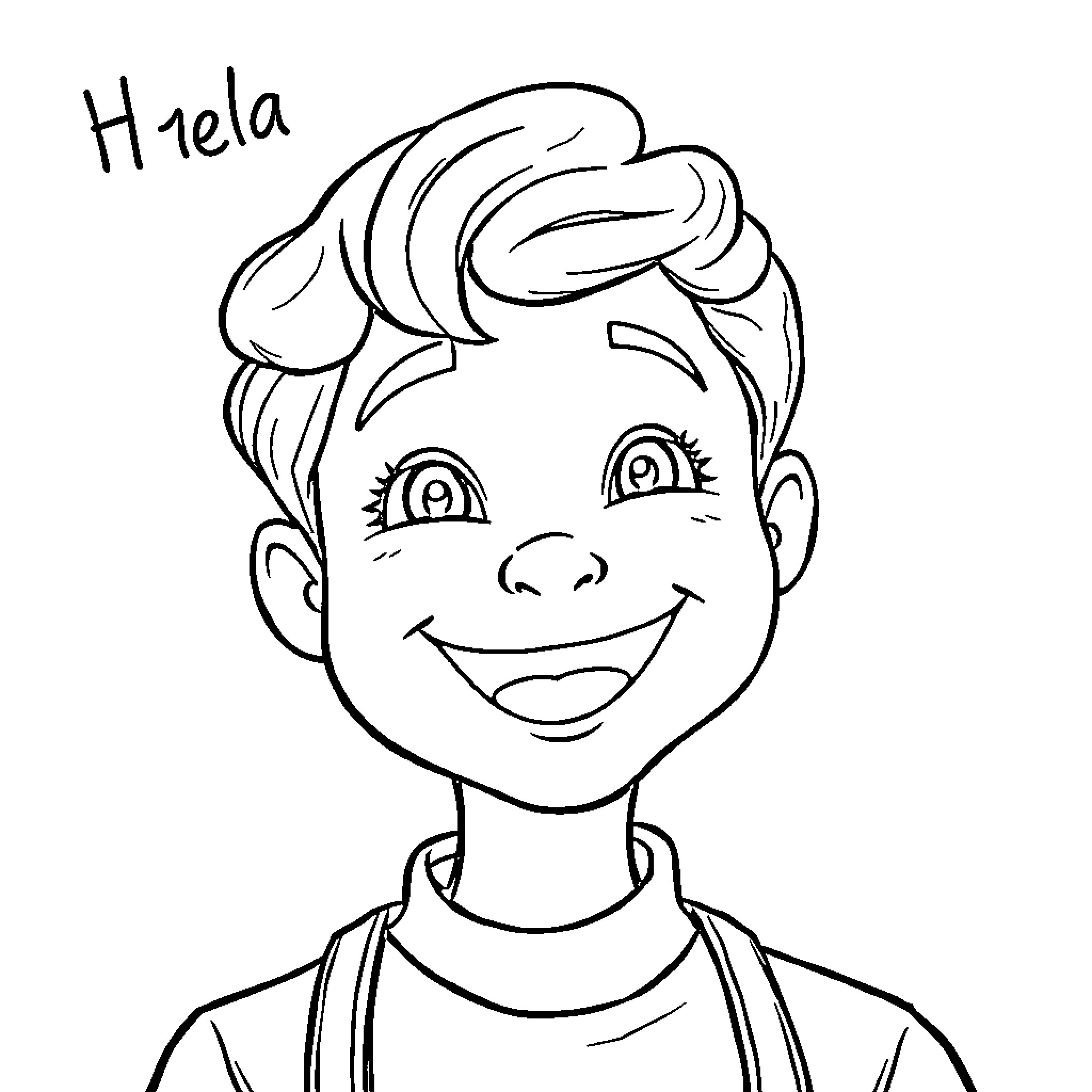 Hello, Smiling Boy with Wavy Hair Coloring Page (free black-and-white line drawing printable PDF for all, from beginners to advanced learners, including children, teens, adults, and seniors)