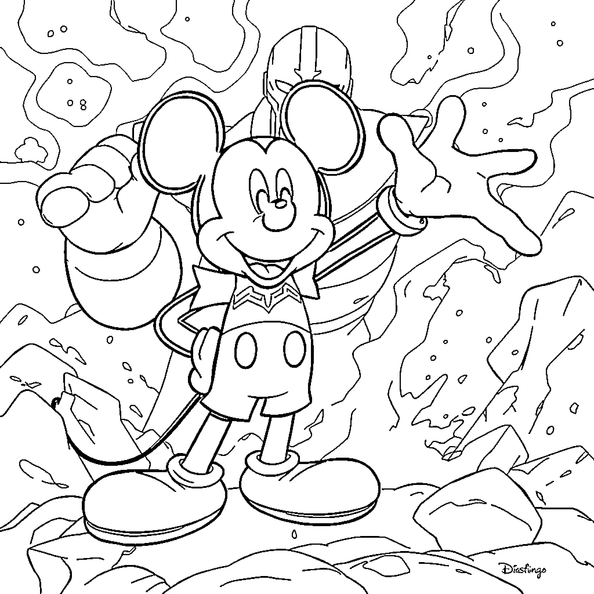Mickey Mouse exploring the rocky terrain Coloring Page (free black-and-white line drawing printable PDF for all, from beginners to advanced learners, including children, teens, adults, and seniors)