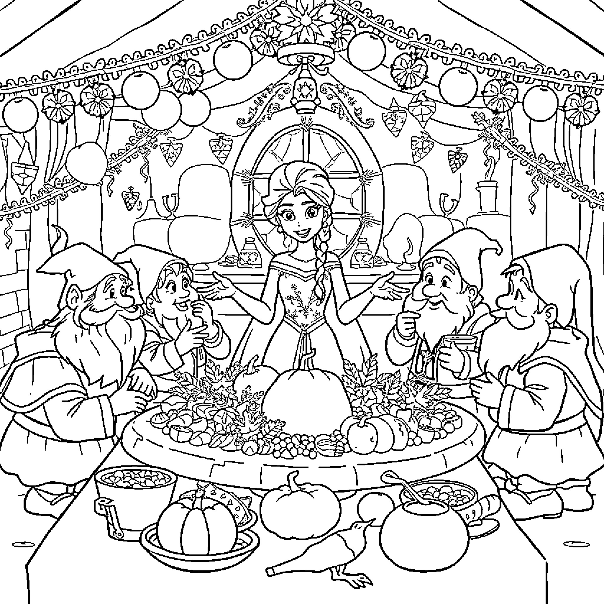 Elsa's Enchanted Holiday Celebration Coloring Page (free black-and-white line drawing printable PDF for all, from beginners to advanced learners, including children, teens, adults, and seniors)