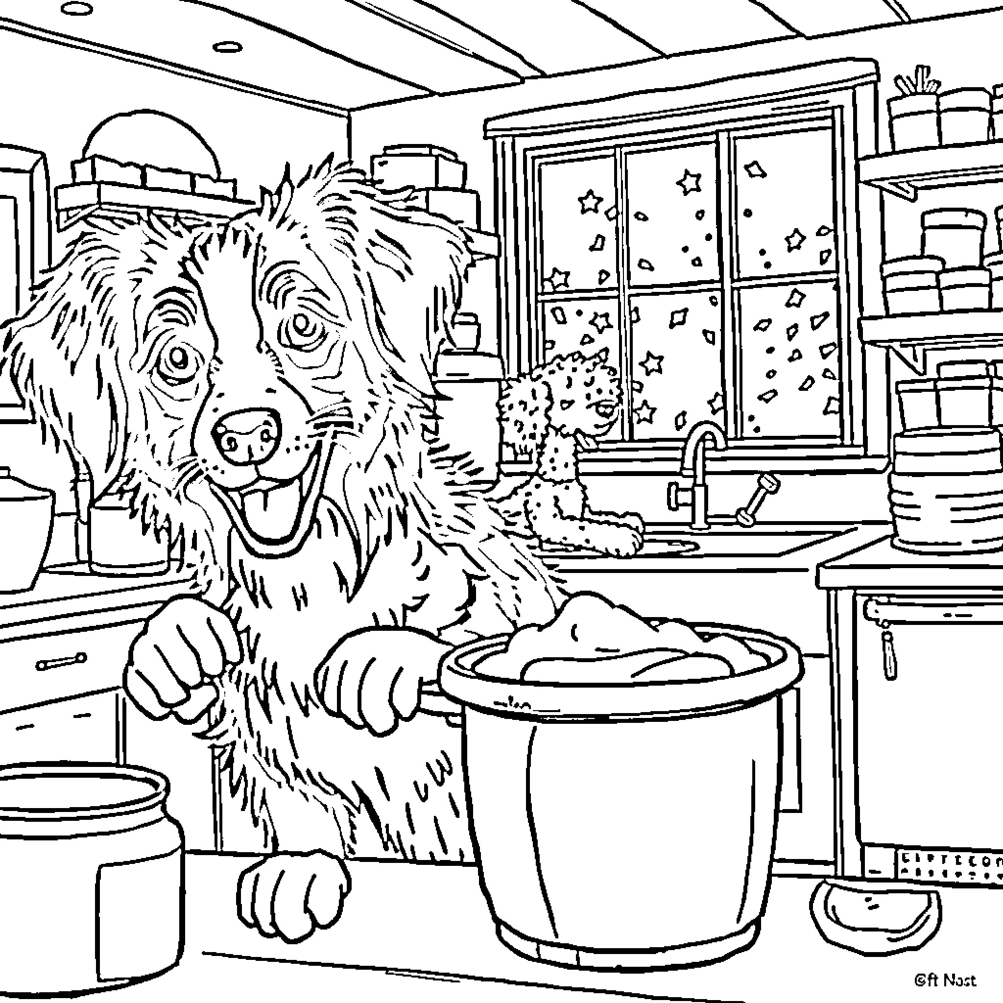 Dog playing with toys in a cozy home Coloring Page (free black-and-white line drawing printable PDF for all, from beginners to advanced learners, including children, teens, adults, and seniors)