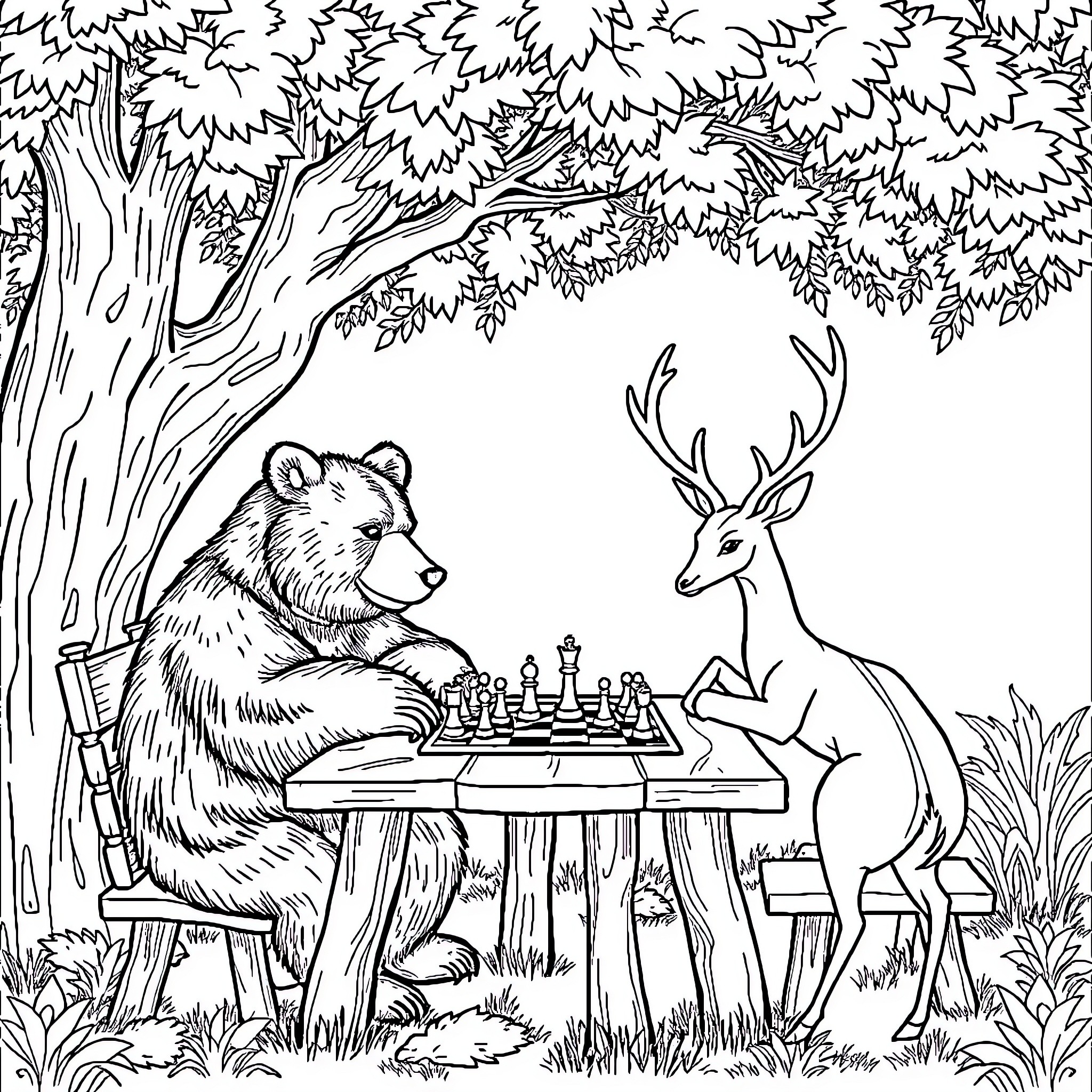 Bear Playing Chess with Deer in Forest Coloring Page (free black-and-white line drawing printable PDF for all, from beginners to advanced learners, including children, teens, adults, and seniors)