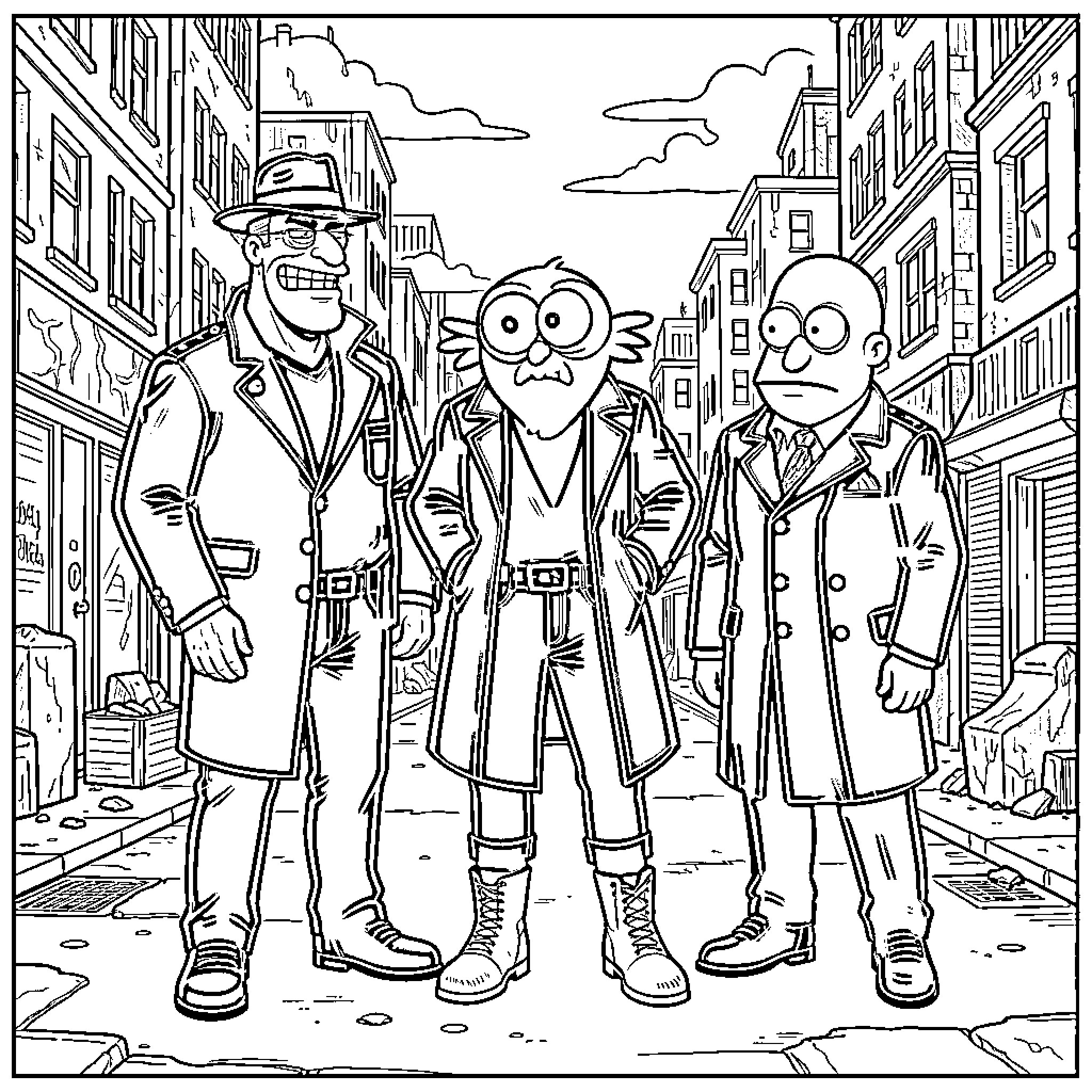 Master Shake and friends walking down a city street Coloring Page (free black-and-white line drawing printable PDF for all, from beginners to advanced learners, including children, teens, adults, and seniors)