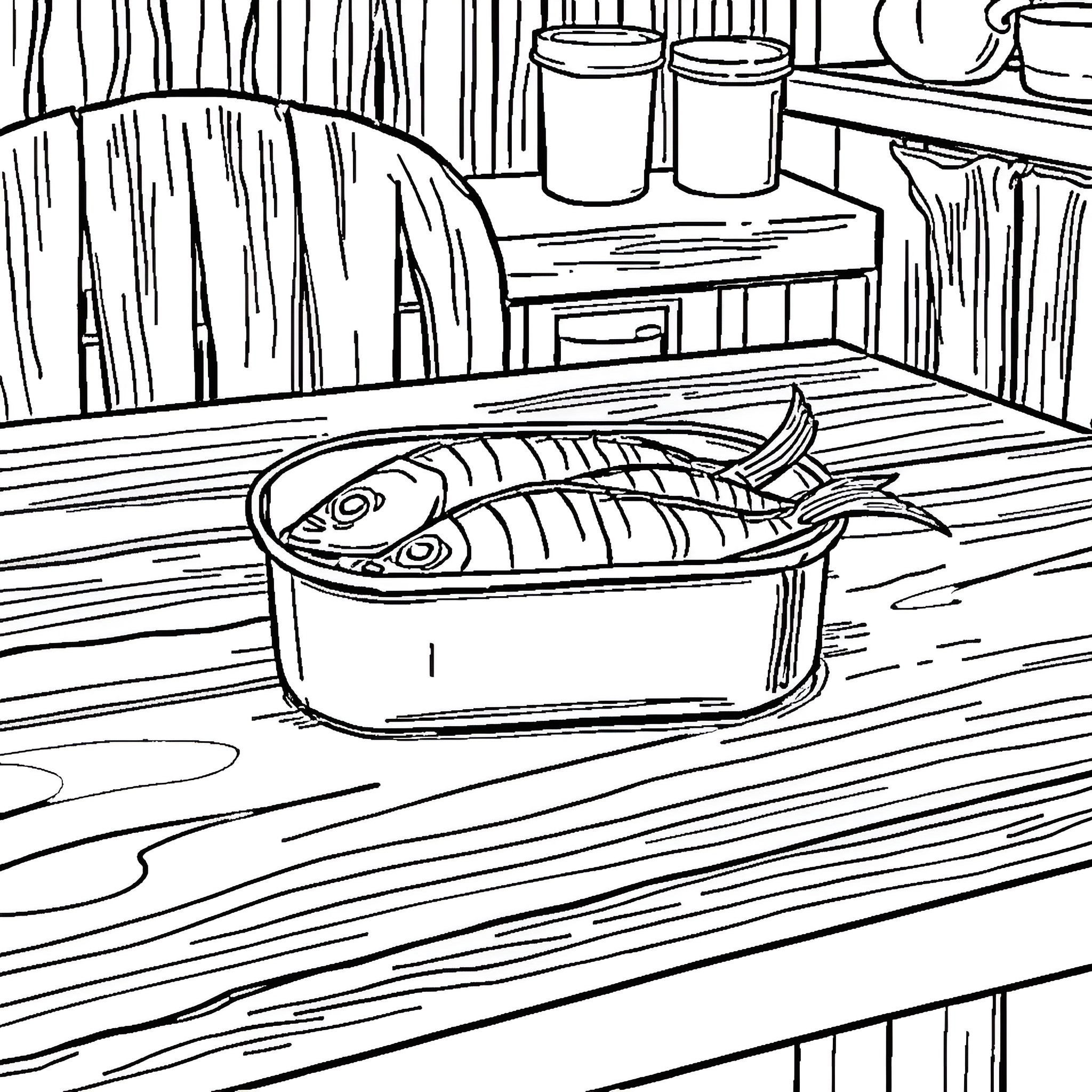 Can a fish be cooked in a rustic kitchen Coloring Page (free black-and-white line drawing printable PDF for all, from beginners to advanced learners, including children, teens, adults, and seniors)