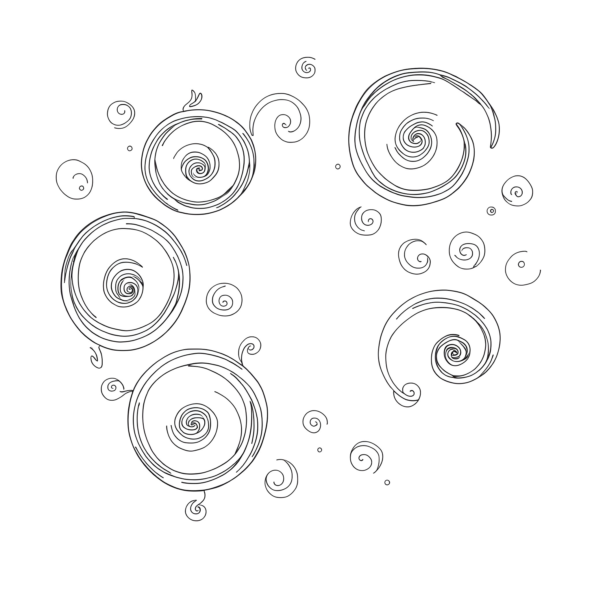 Rainbow swirls and spirals dancing playfully Coloring Page (free black-and-white line drawing printable PDF for all, from beginners to advanced learners, including children, teens, adults, and seniors)