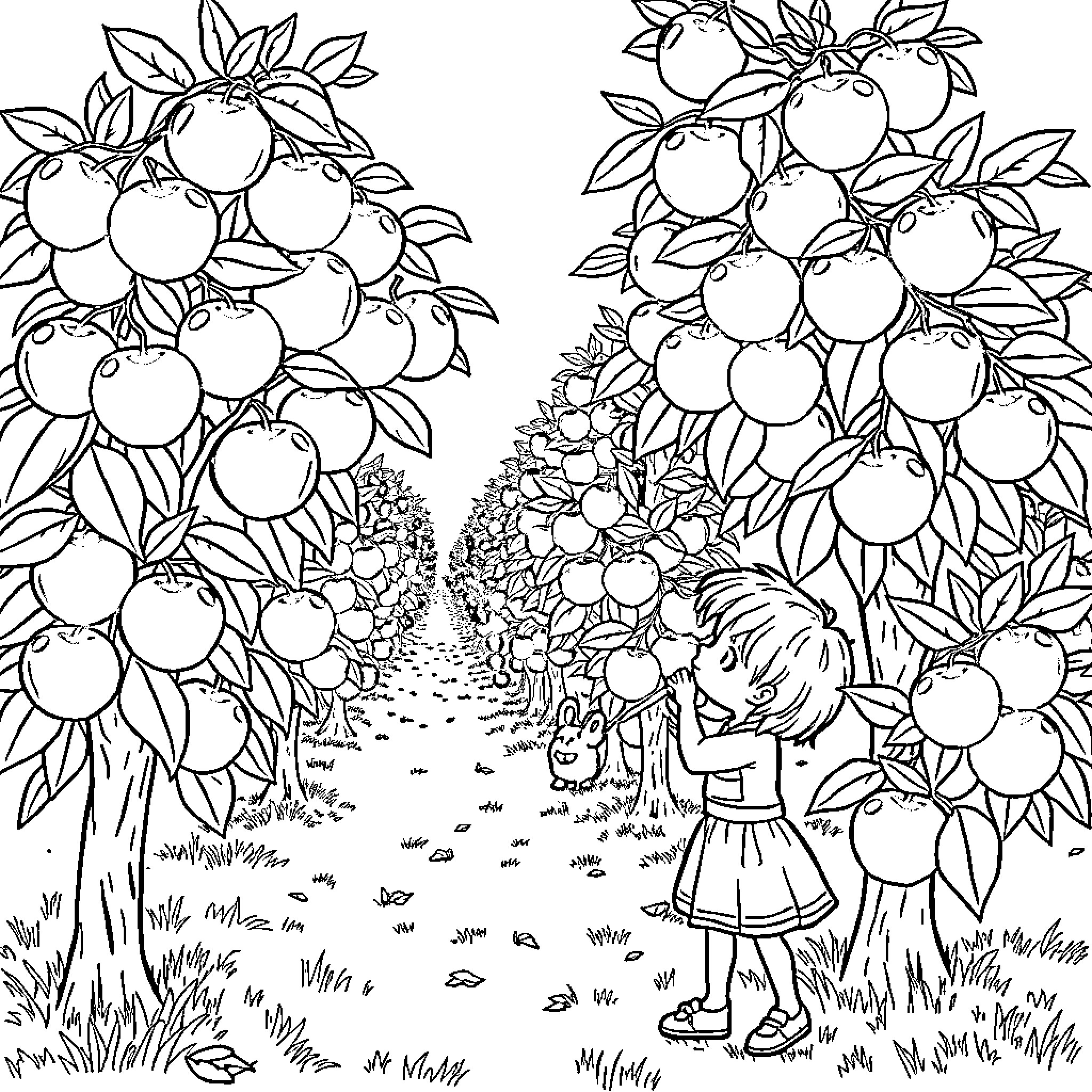 Kid exploring orchard with apple trees Coloring Page (free black-and-white line drawing printable PDF for all, from beginners to advanced learners, including children, teens, adults, and seniors)