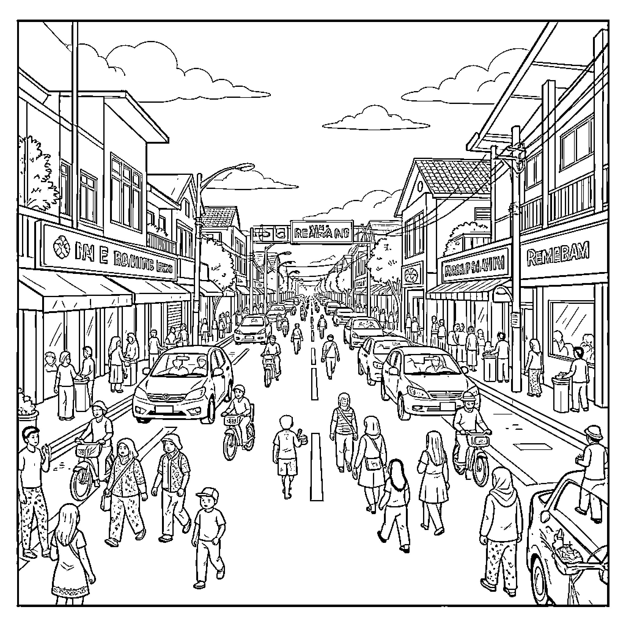 Intersection of people walking and driving through a busy street Coloring Page (free black-and-white line drawing printable PDF for all, from beginners to advanced learners, including children, teens, adults, and seniors)