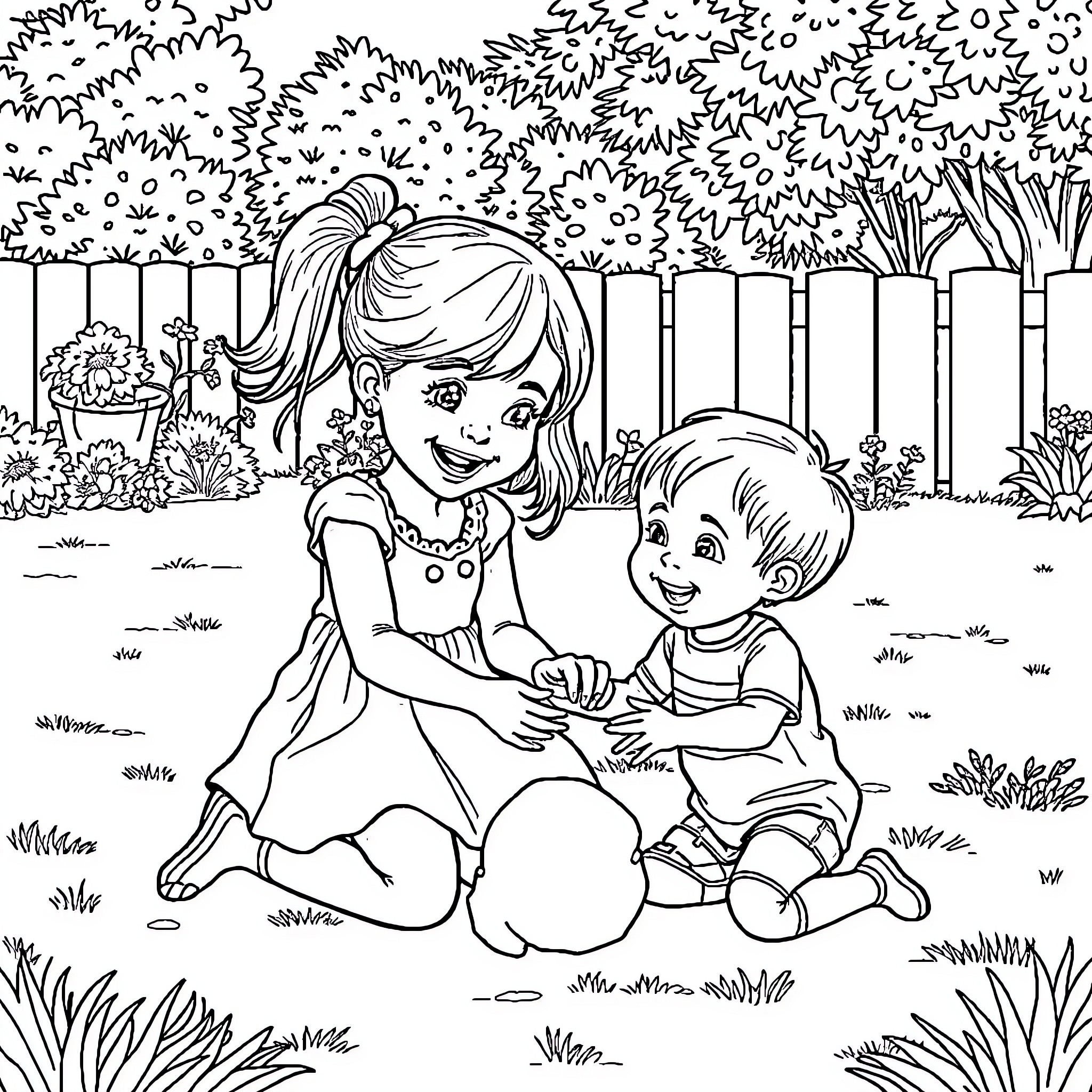 Child Playing Happily in a Garden Coloring Page (free black-and-white line drawing printable PDF for all, from beginners to advanced learners, including children, teens, adults, and seniors)