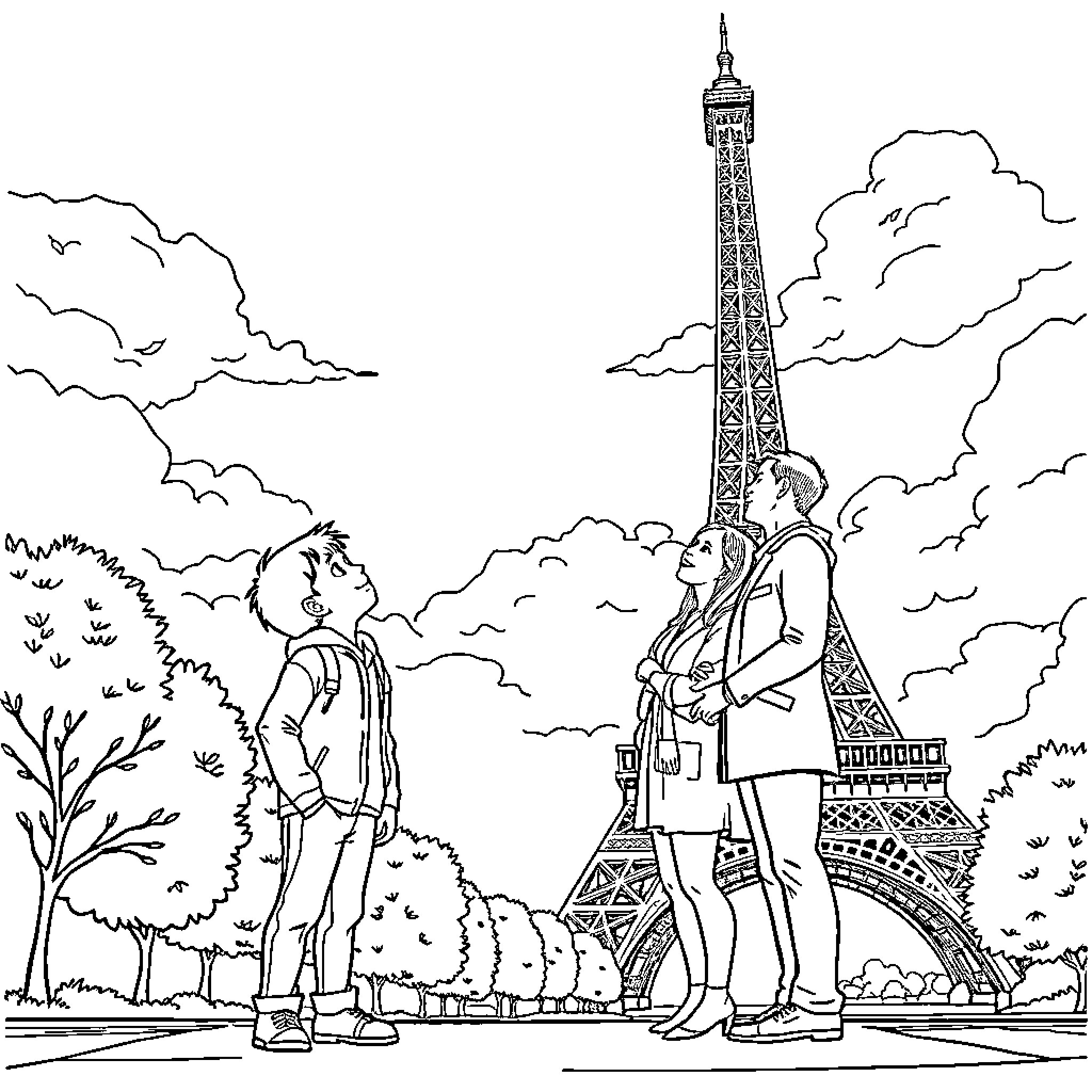 Girl and friend explore Paris cityscape Coloring Page (free black-and-white line drawing printable PDF for all, from beginners to advanced learners, including children, teens, adults, and seniors)