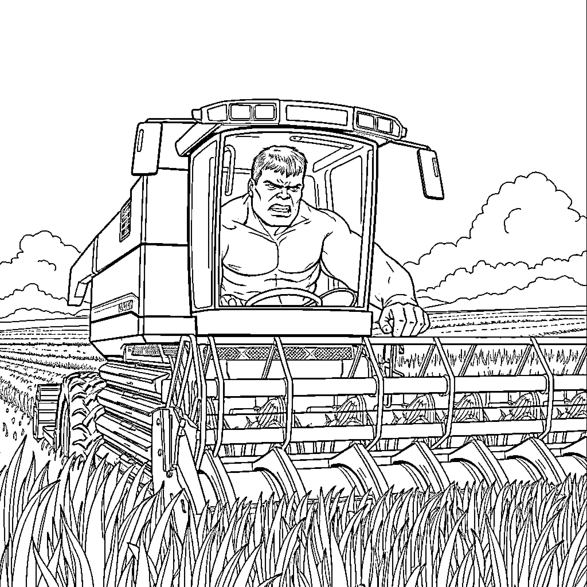 Hulk Driving Powerful Harvesting Machine through Fields Coloring Page (free black-and-white line drawing printable PDF for all, from beginners to advanced learners, including children, teens, adults, and seniors)
