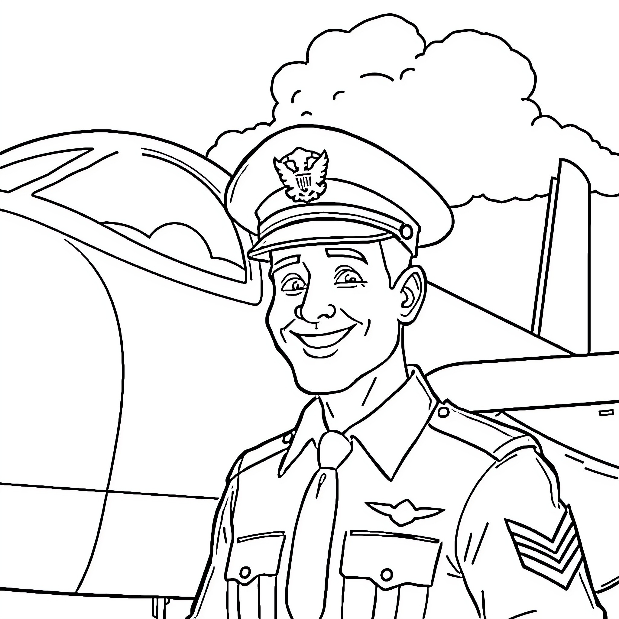 Air Force Man Smiling Proudly in Uniform Coloring Page (free black-and-white line drawing printable PDF for all, from beginners to advanced learners, including children, teens, adults, and seniors)
