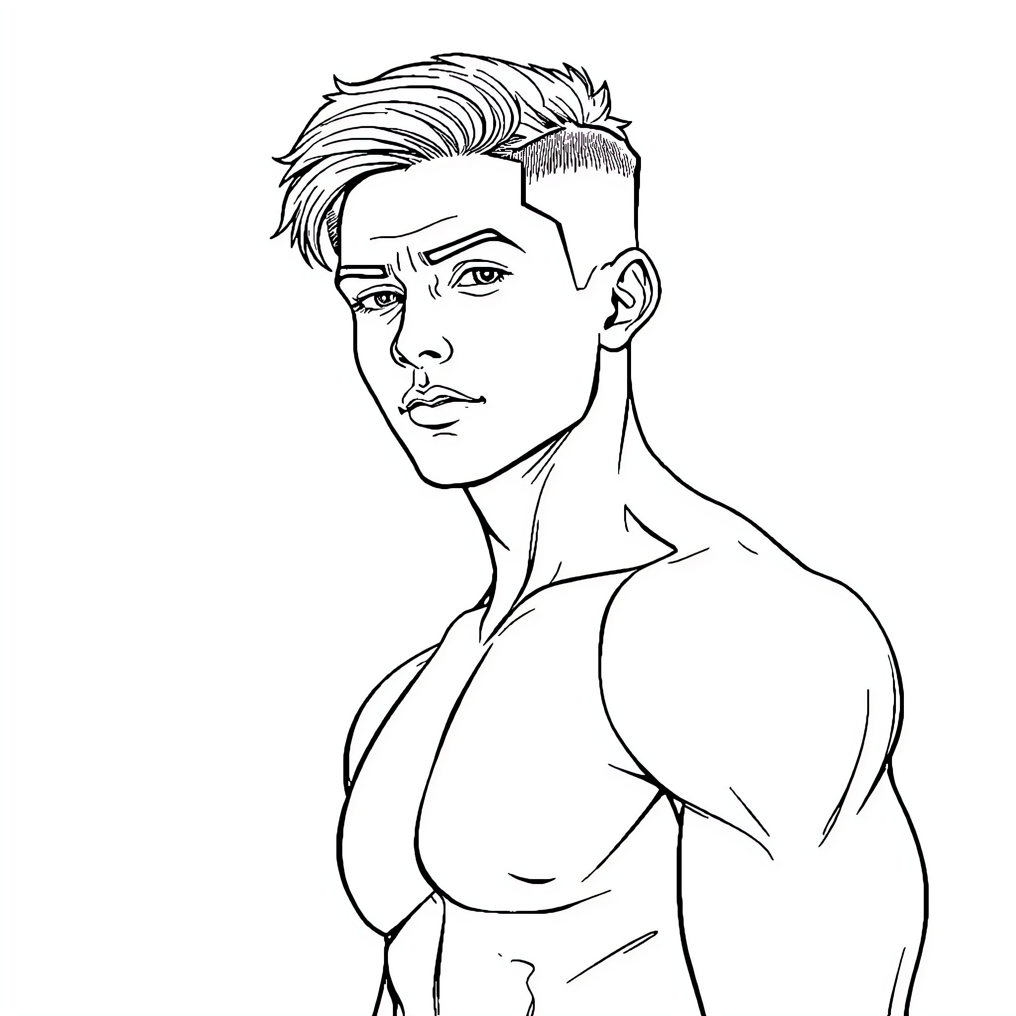 Twink posing with muscular physique Coloring Page (free black-and-white line drawing printable PDF for all, from beginners to advanced learners, including children, teens, adults, and seniors)