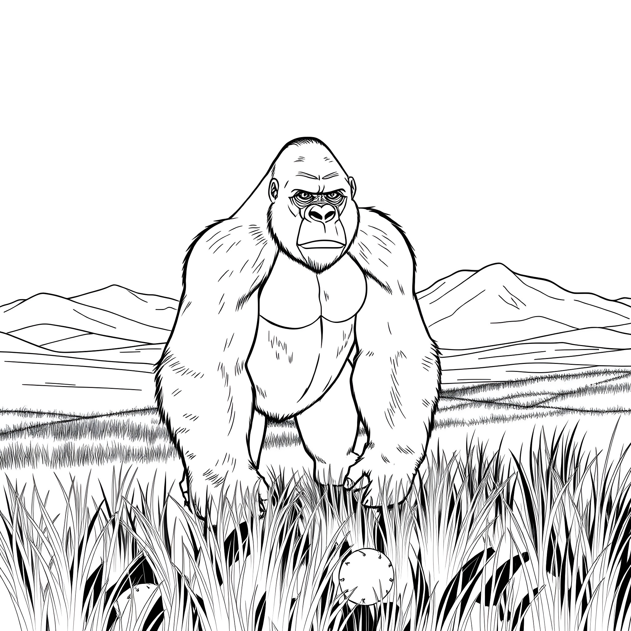 Gorilla standing tall in the wild Coloring Page (free black-and-white line drawing printable PDF for all, from beginners to advanced learners, including children, teens, adults, and seniors)