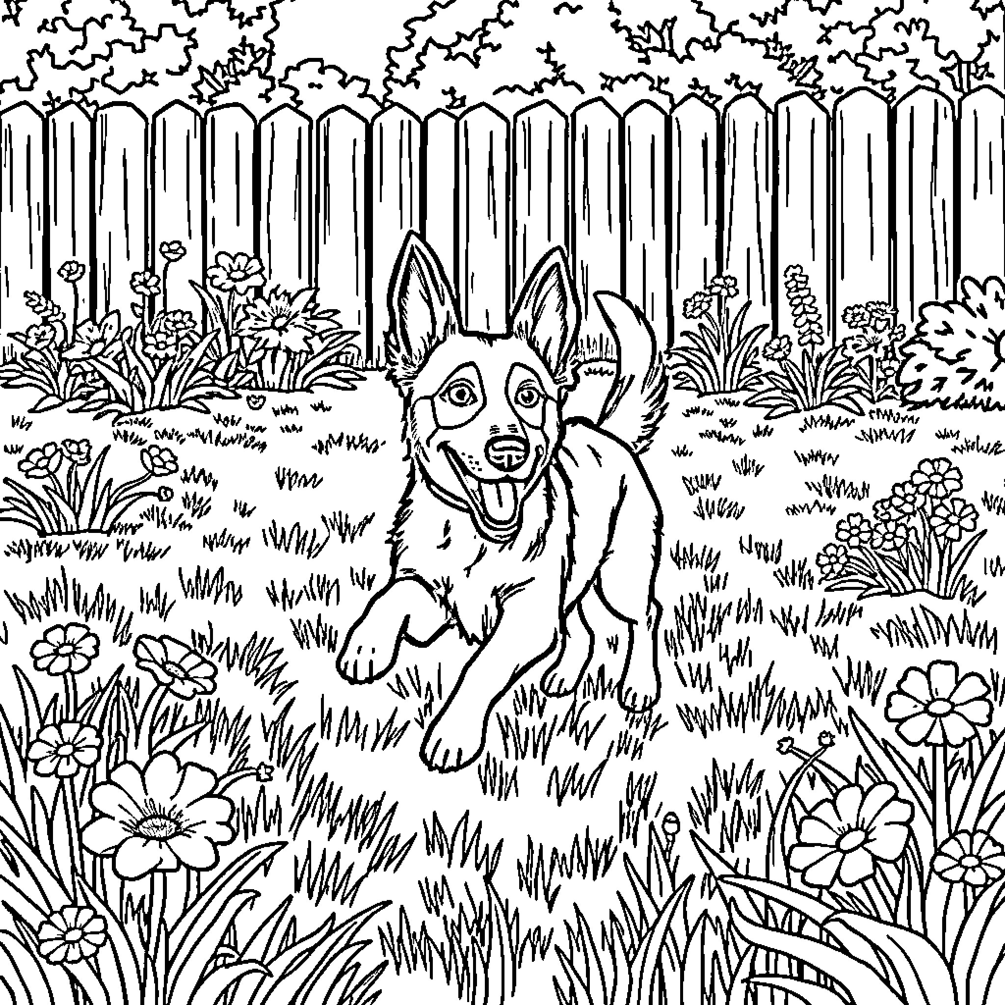 Dog exploring lush garden with flowers Coloring Page (free black-and-white line drawing printable PDF for all, from beginners to advanced learners, including children, teens, adults, and seniors)