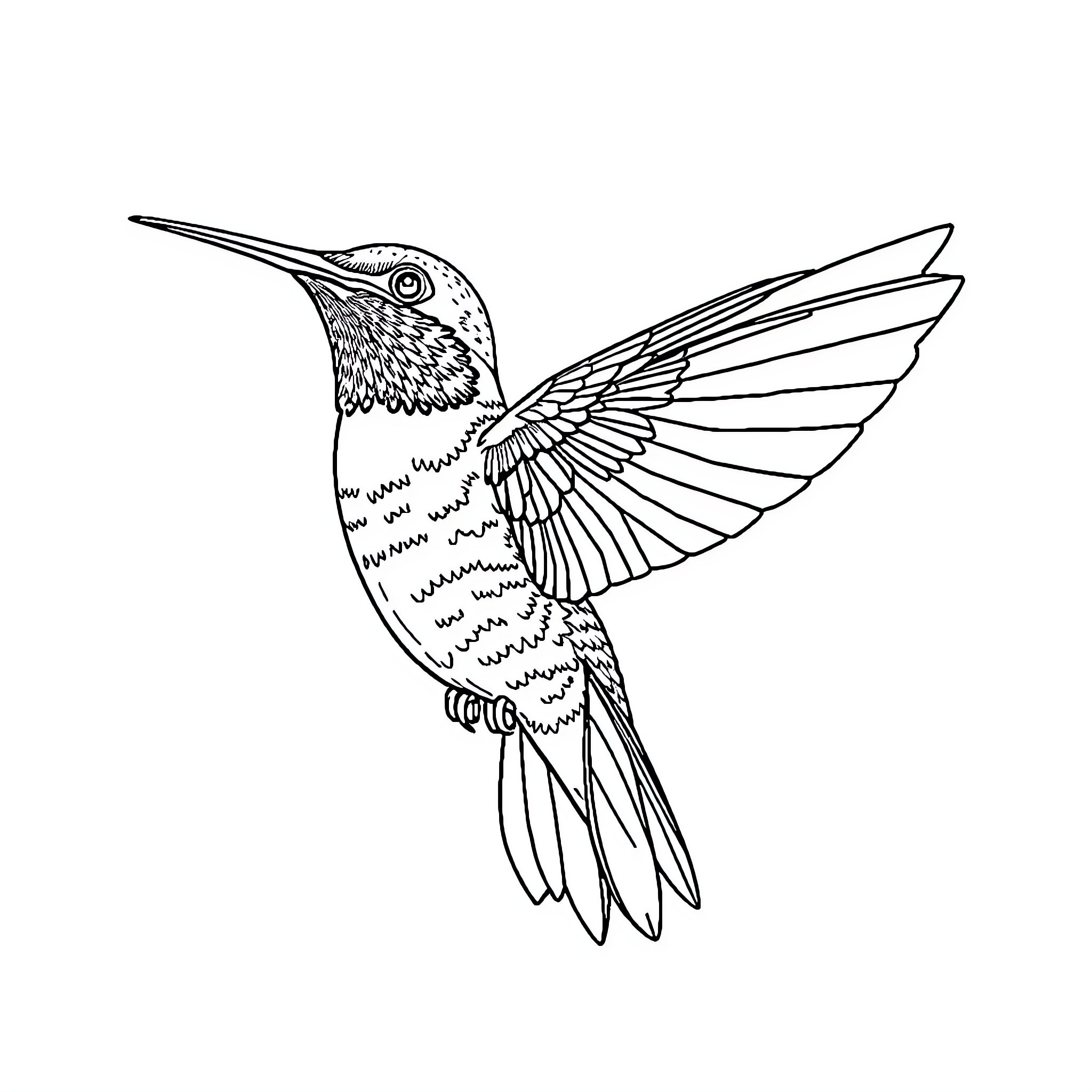 Hummingbird in flight with intricate wing details Coloring Page (free black-and-white line drawing printable PDF for all, from beginners to advanced learners, including children, teens, adults, and seniors)