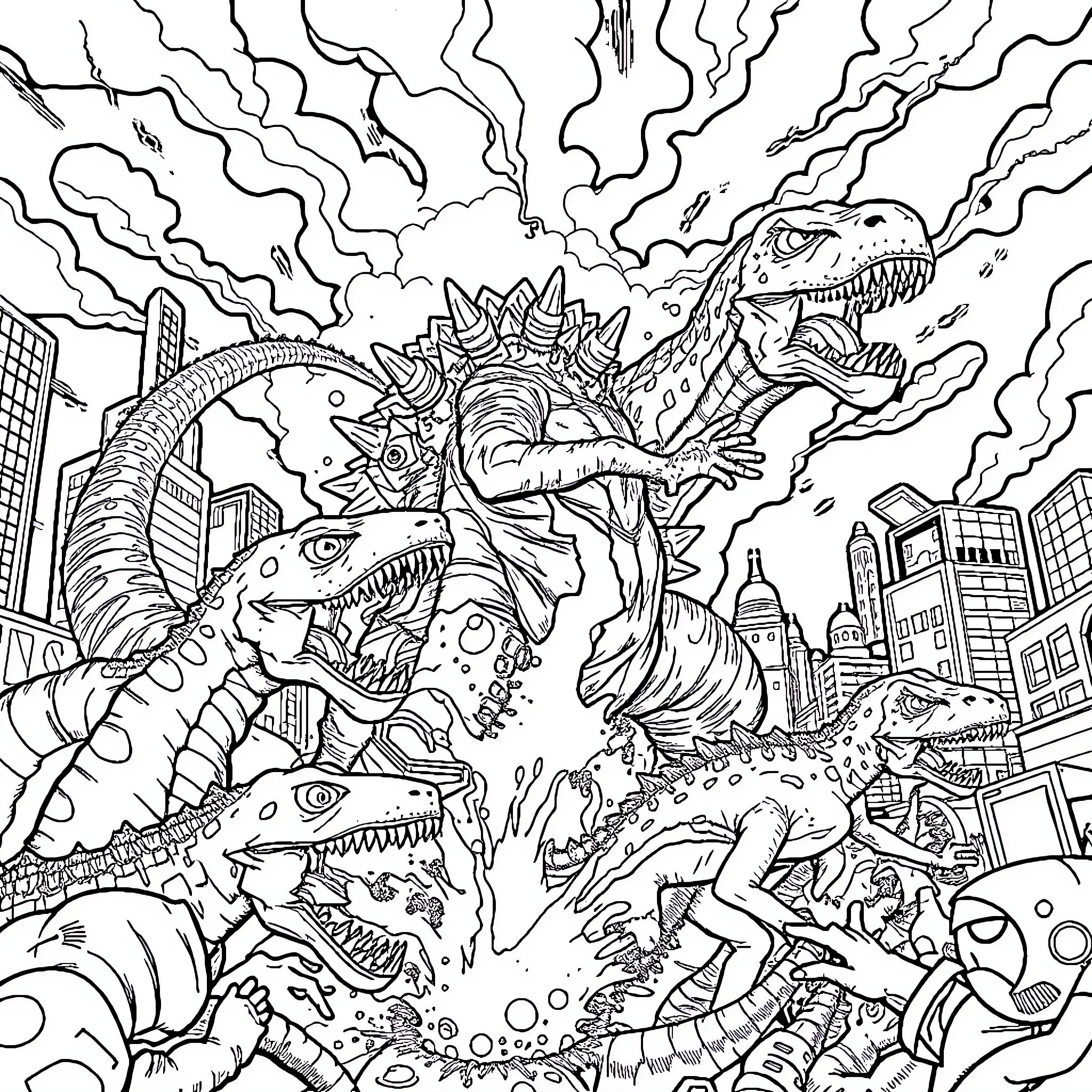 Godzilla rampaging through the city Coloring Page (free black-and-white line drawing printable PDF for all, from beginners to advanced learners, including children, teens, adults, and seniors)