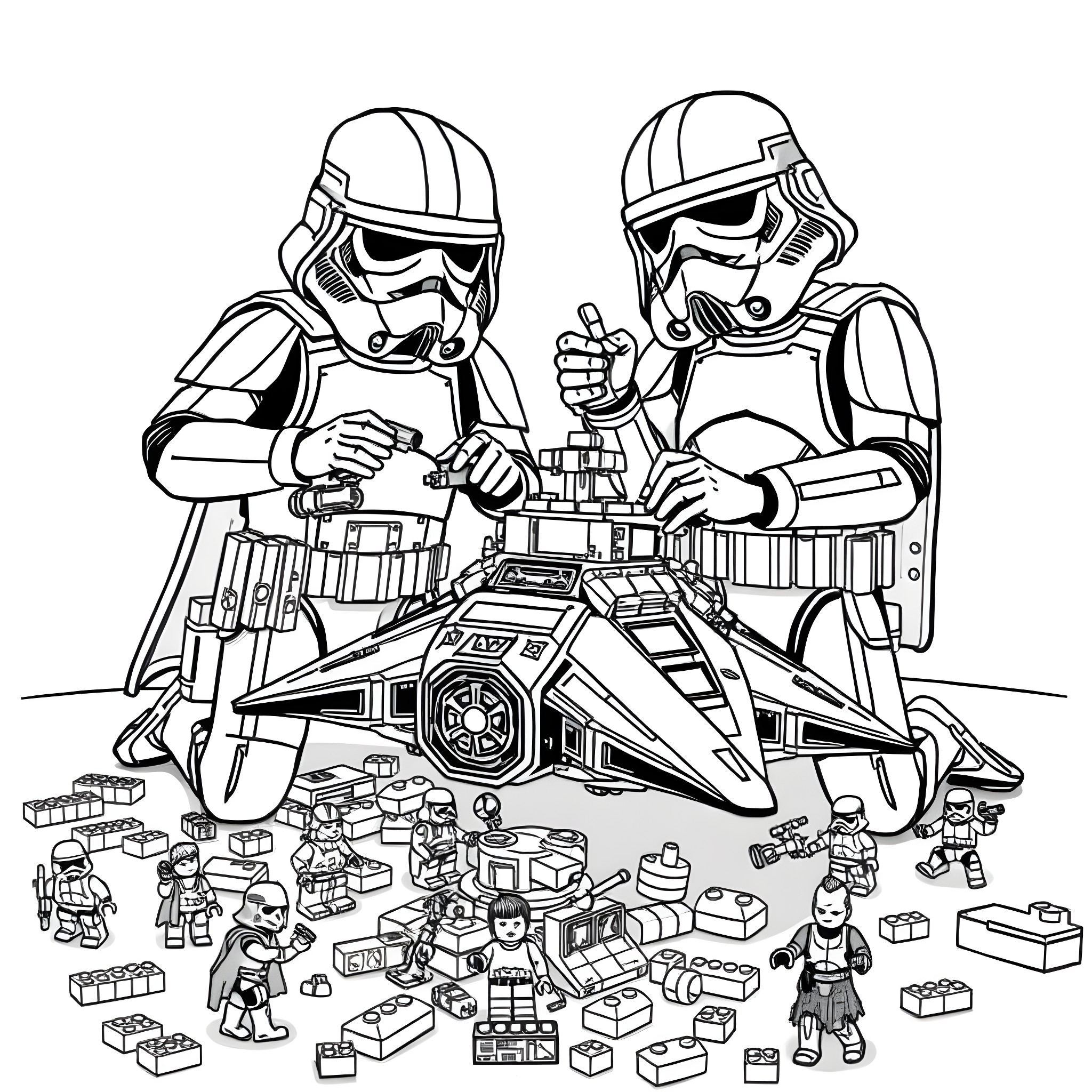 Boy Stormtroopers assembling toy spaceship Coloring Page (free black-and-white line drawing printable PDF for all, from beginners to advanced learners, including children, teens, adults, and seniors)
