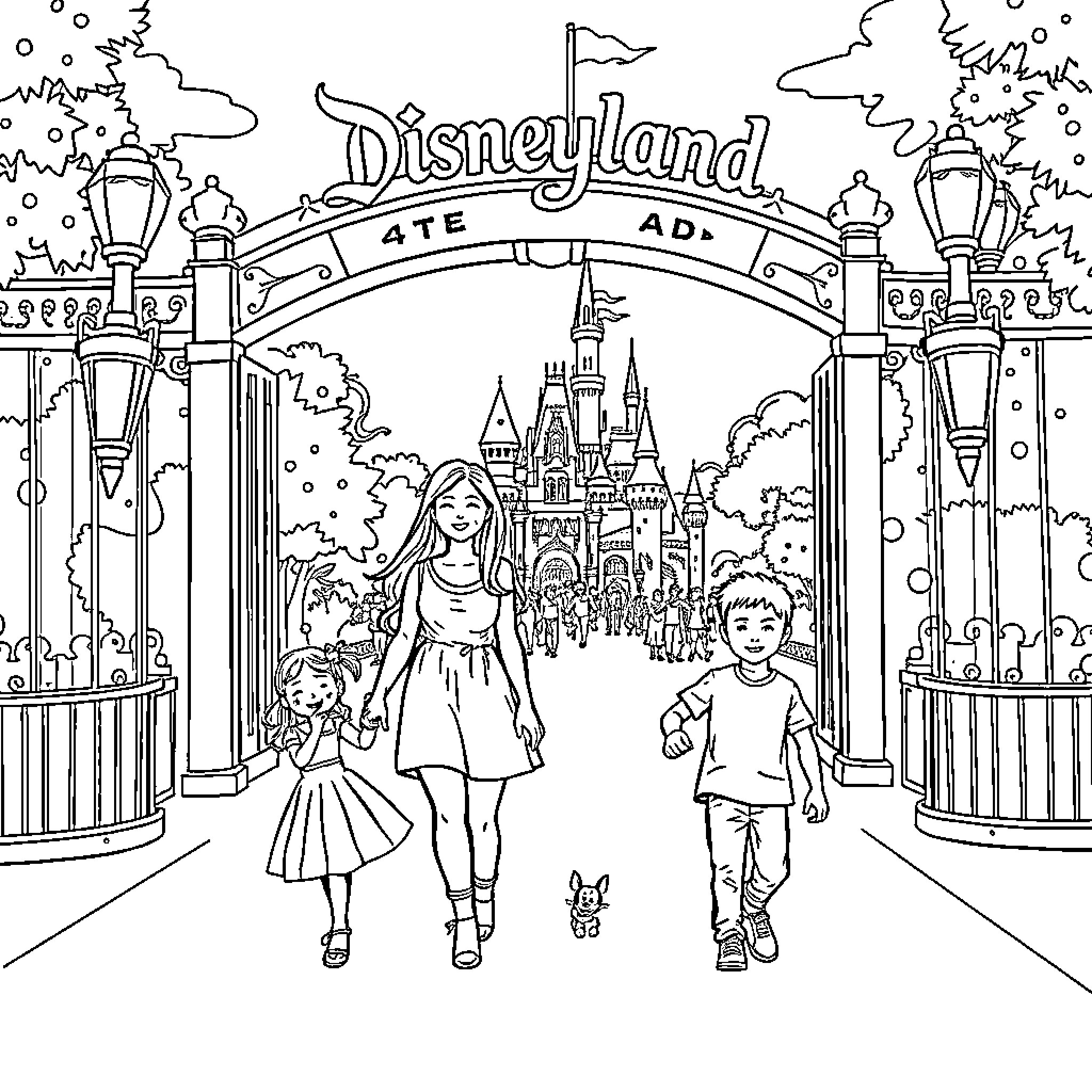 Family Exploring the Magical Disneyland Coloring Page (free black-and-white line drawing printable PDF for all, from beginners to advanced learners, including children, teens, adults, and seniors)