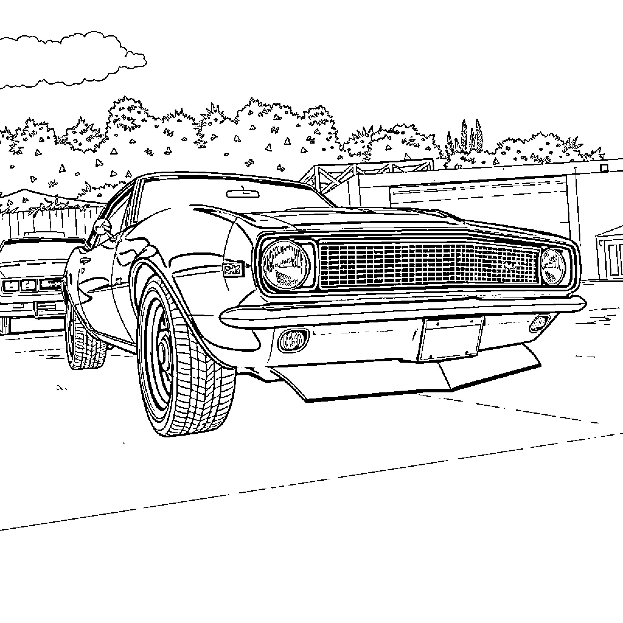 Camaro muscle car on the road Coloring Page (free black-and-white line drawing printable PDF for all, from beginners to advanced learners, including children, teens, adults, and seniors)
