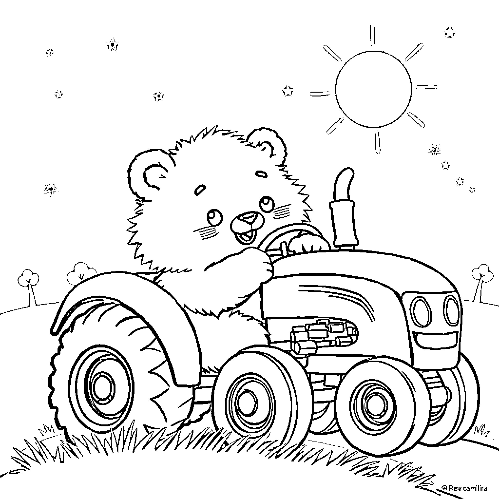 Bear driving a tractor on a sunny day Coloring Page (free black-and-white line drawing printable PDF for all, from beginners to advanced learners, including children, teens, adults, and seniors)