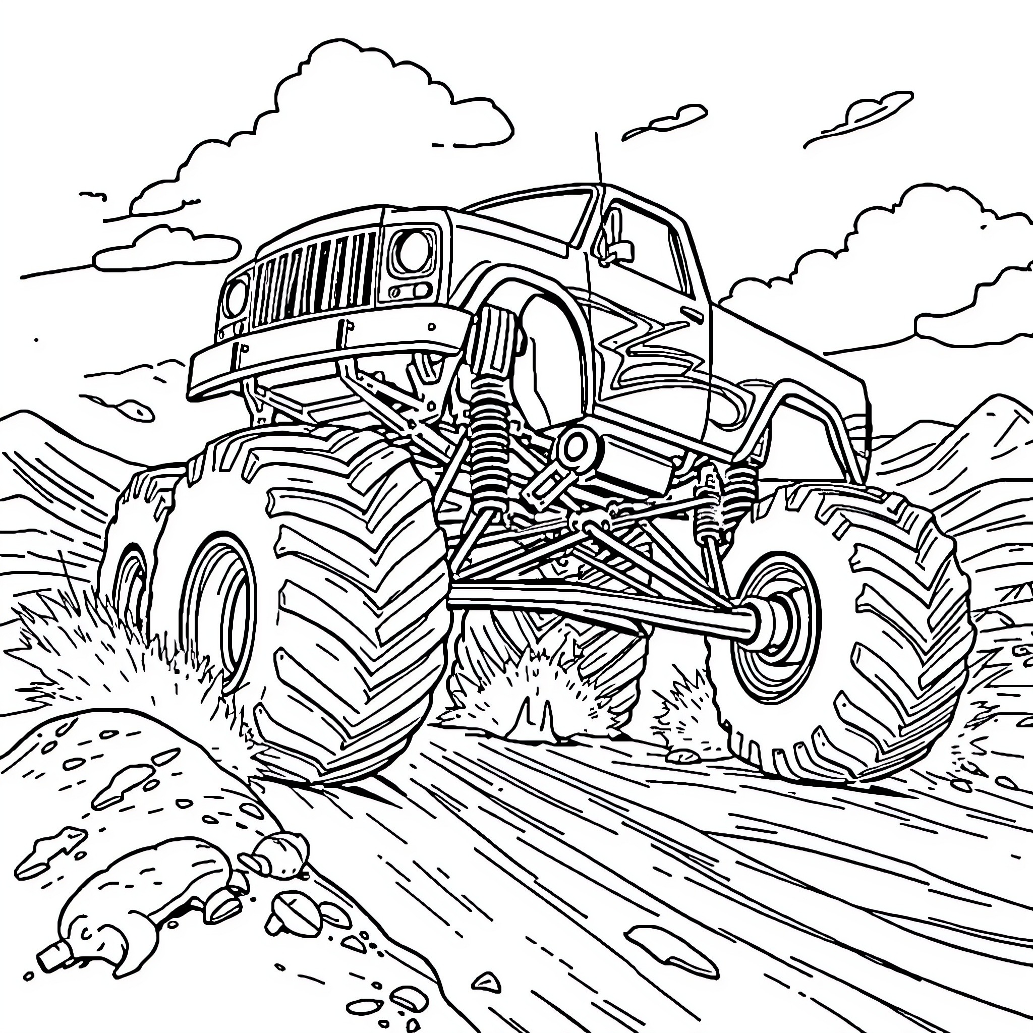 Monster Truck Navigating Rugged Terrain Coloring Page (free black-and-white line drawing printable PDF for all, from beginners to advanced learners, including children, teens, adults, and seniors)