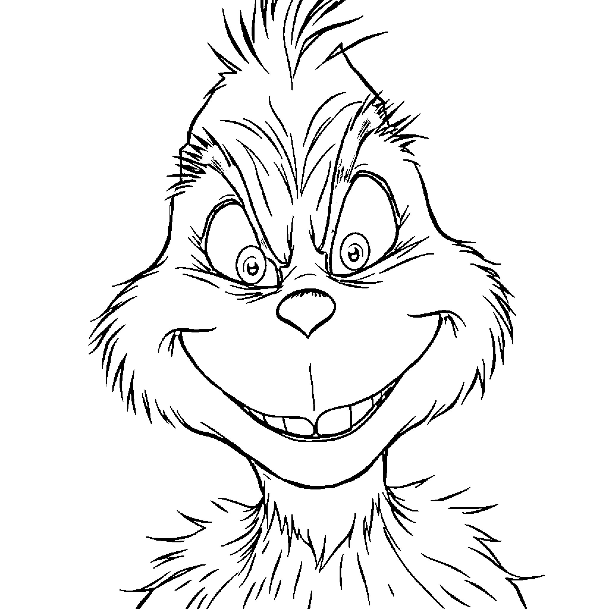 Grinch's Mischievous Grin Coloring Page (free black-and-white line drawing printable PDF for all, from beginners to advanced learners, including children, teens, adults, and seniors)