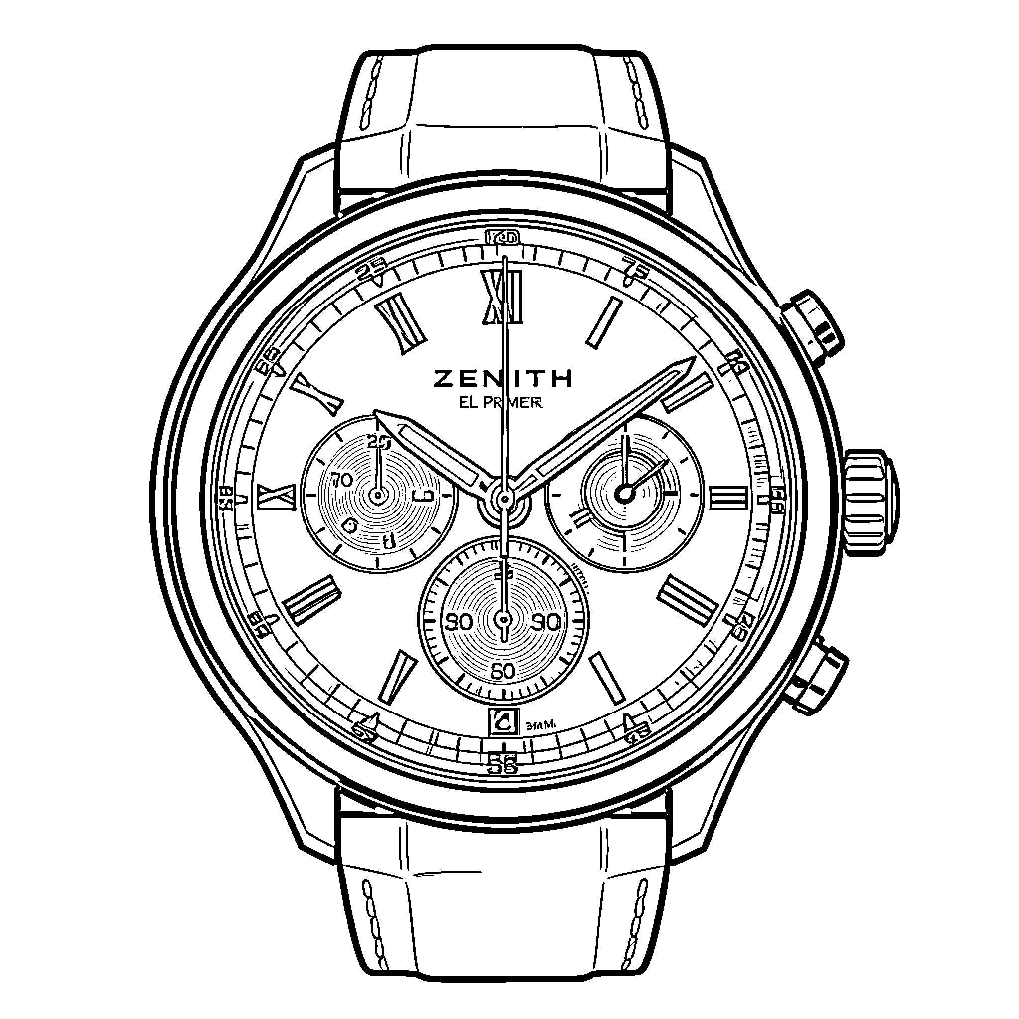 Montre chronographe avec cadrans détaillés et bracelet Coloring Page (free black-and-white line drawing printable PDF for all, from beginners to advanced learners, including children, teens, adults, and seniors)