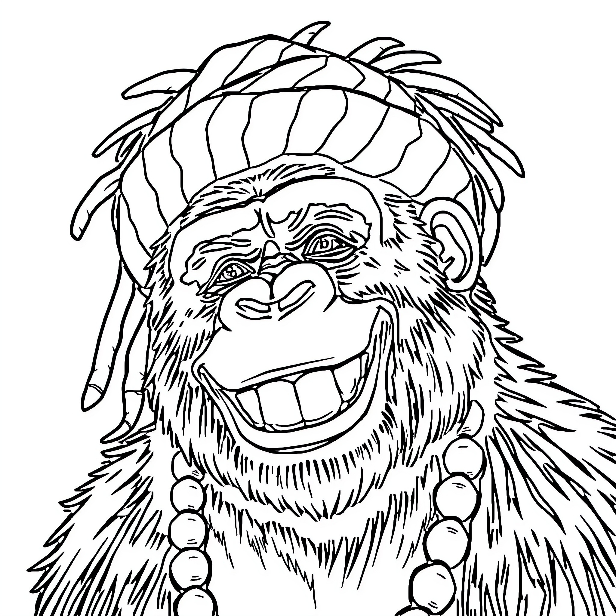 Gorilla with a Vibrant Headdress and Beaming Expression Coloring Page (free black-and-white line drawing printable PDF for all, from beginners to advanced learners, including children, teens, adults, and seniors)