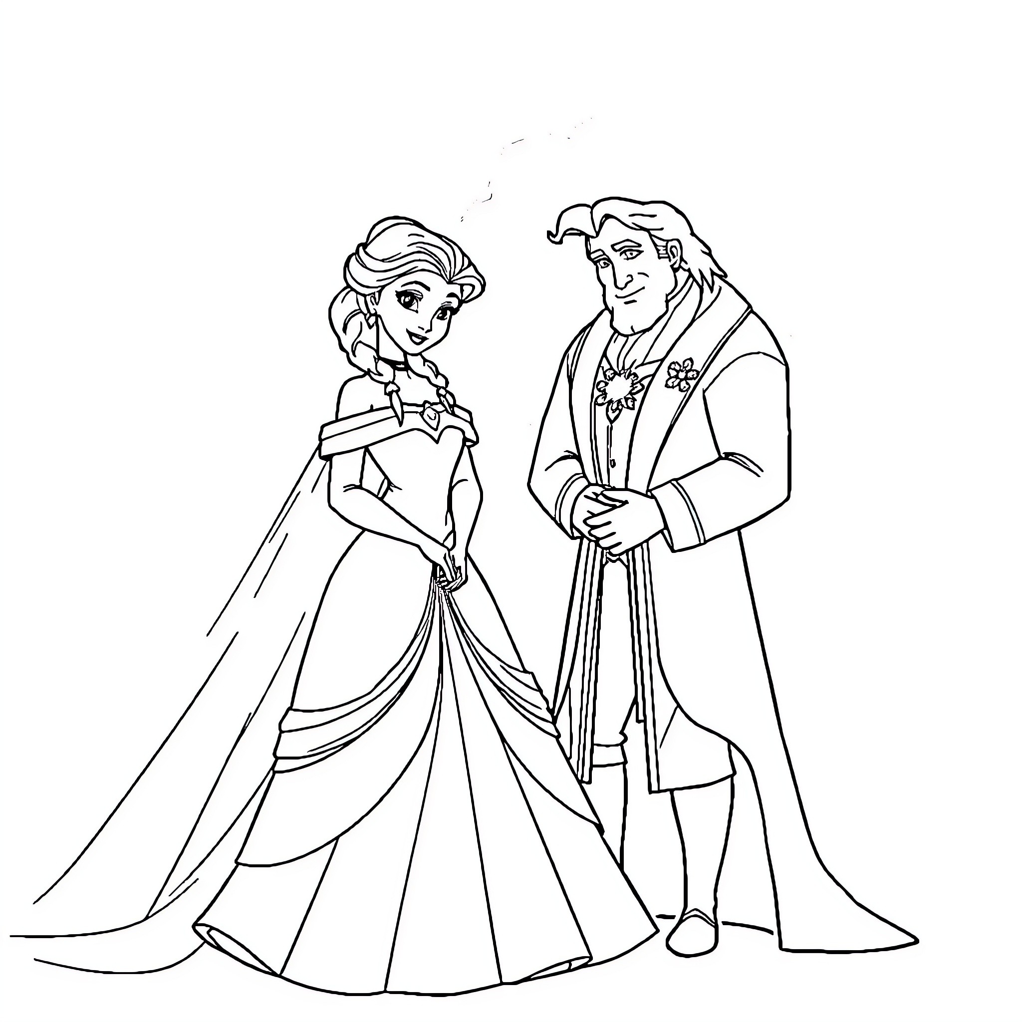 Elsa and Prince Charming in Formal Attire Coloring Page (free black-and-white line drawing printable PDF for all, from beginners to advanced learners, including children, teens, adults, and seniors)
