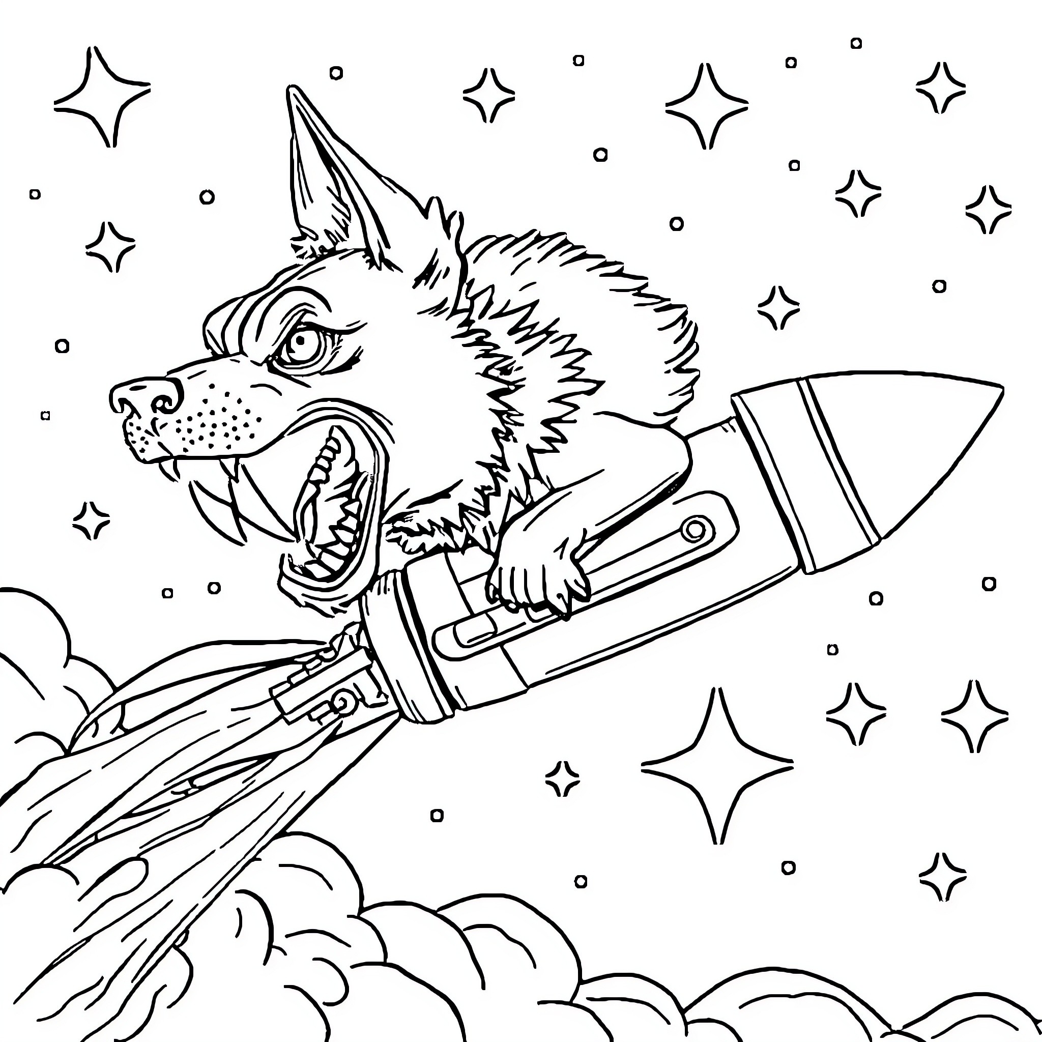 Dog Riding Rocket in Starry Sky Coloring Page (free black-and-white line drawing printable PDF for all, from beginners to advanced learners, including children, teens, adults, and seniors)