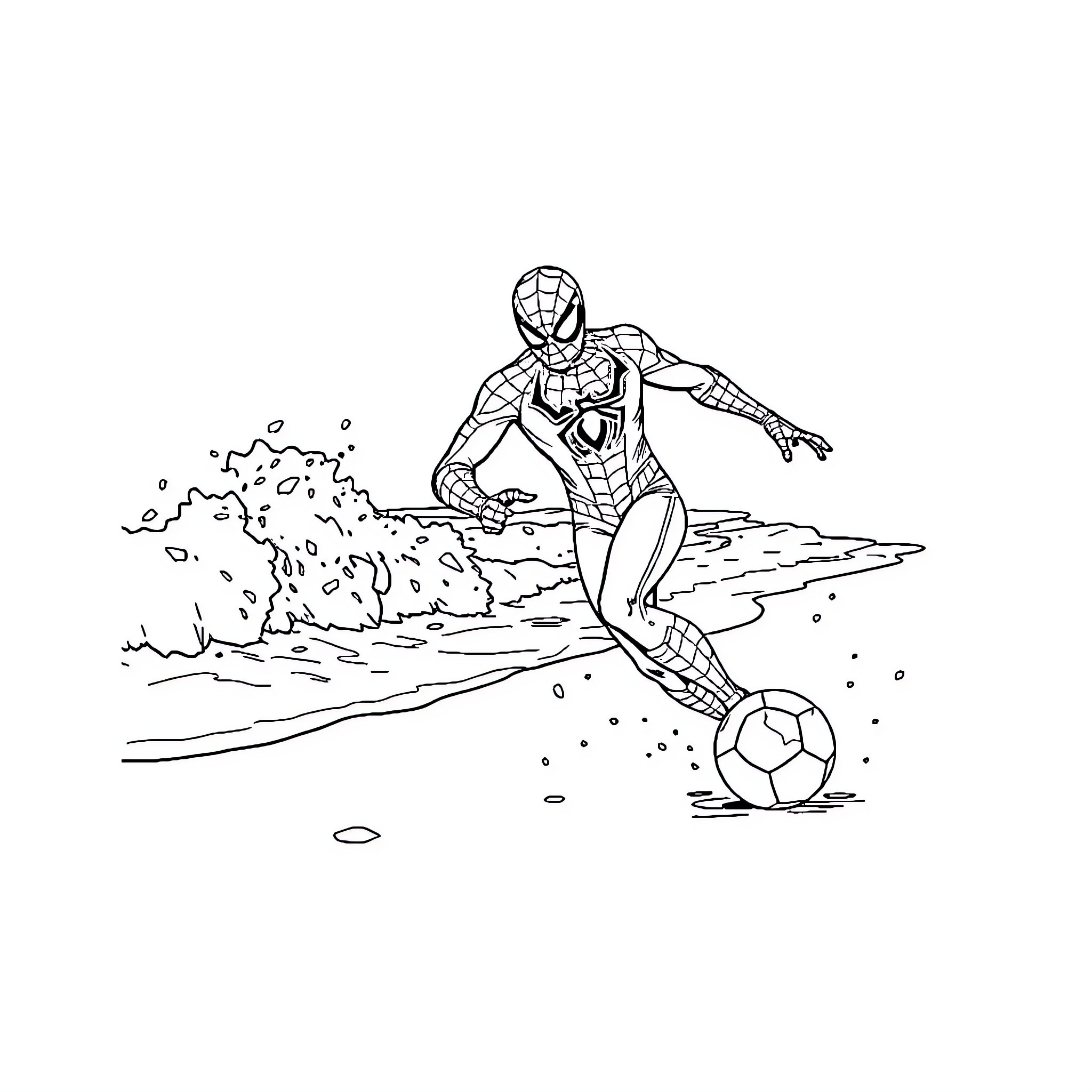 Spiderman playing soccer on a field Coloring Page (free black-and-white line drawing printable PDF for all, from beginners to advanced learners, including children, teens, adults, and seniors)