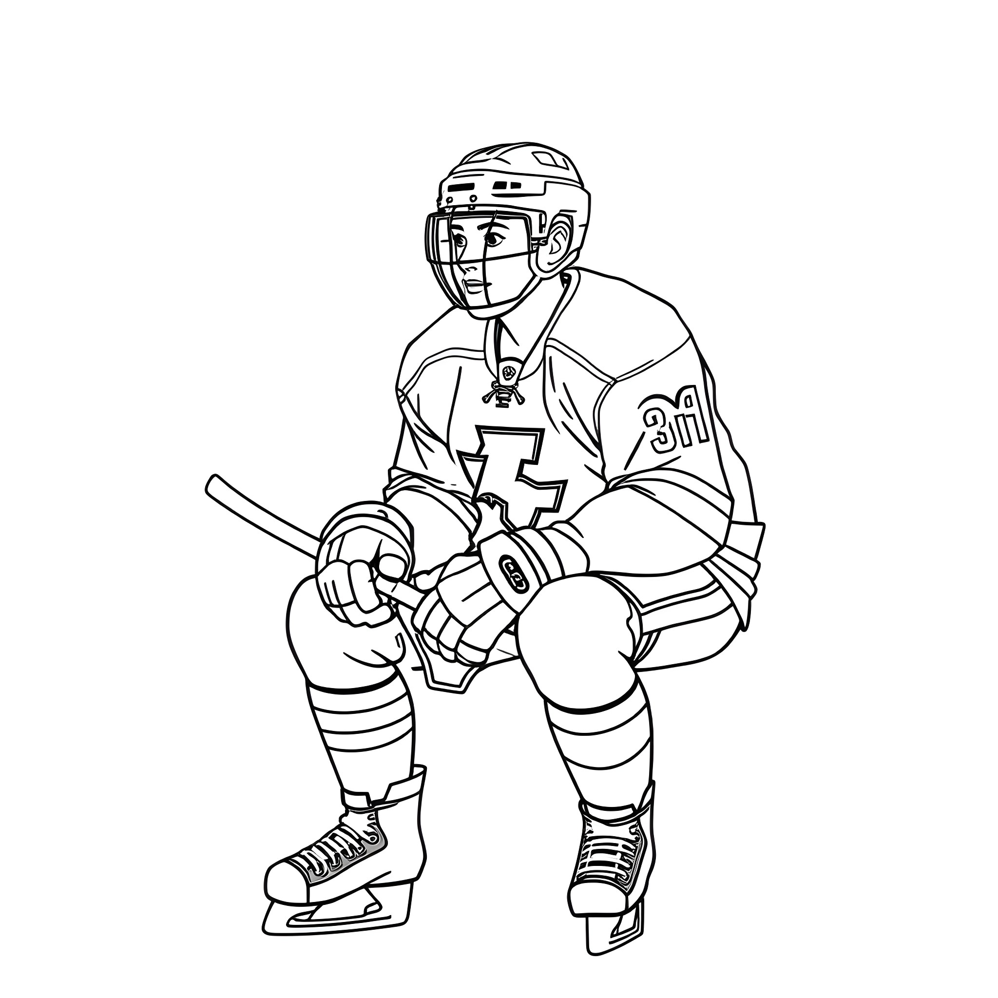 Hockey Player Skating with Determination Coloring Page (free black-and-white line drawing printable PDF for all, from beginners to advanced learners, including children, teens, adults, and seniors)