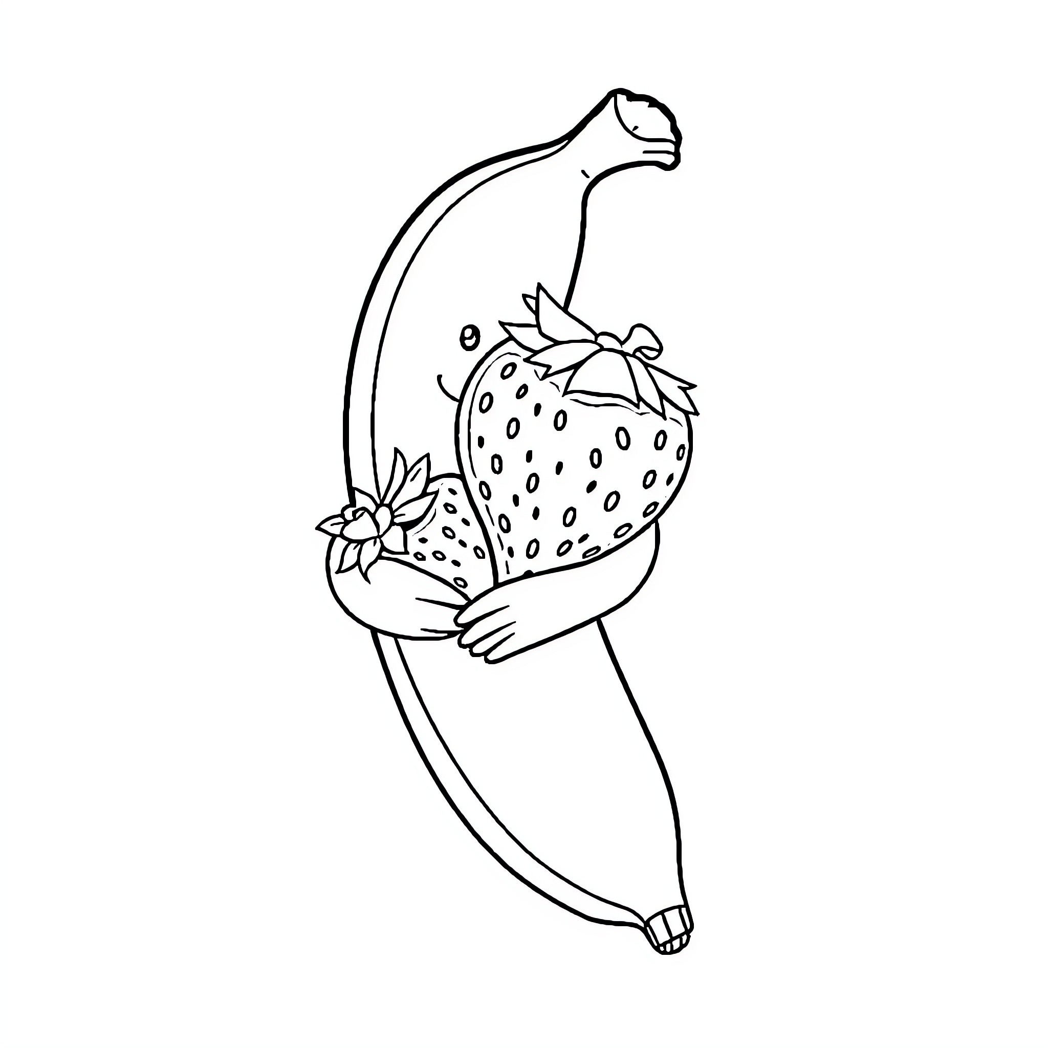 Banana holding delicious strawberry Coloring Page (free black-and-white line drawing printable PDF for all, from beginners to advanced learners, including children, teens, adults, and seniors)