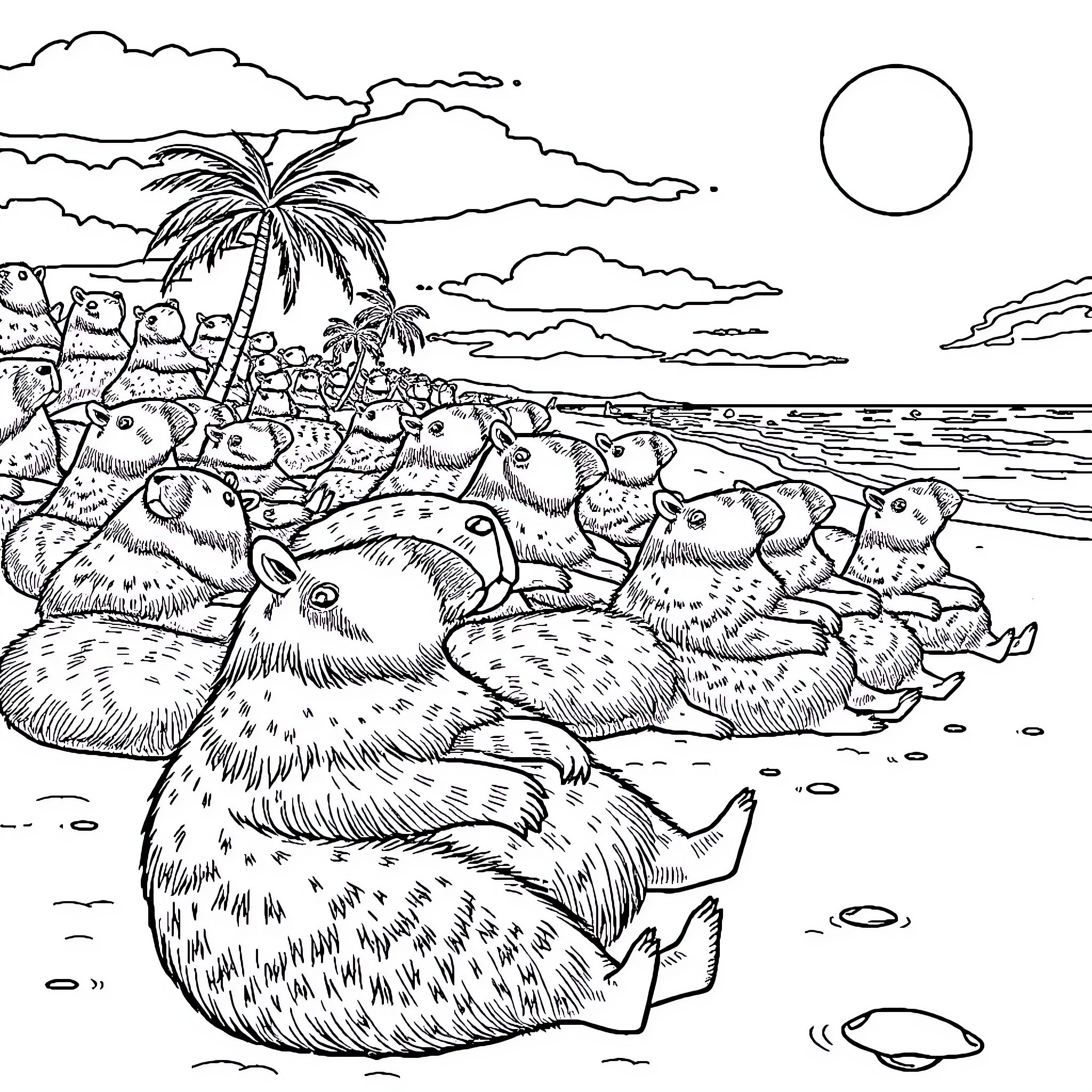 Capybara gathering on a tropical beach Coloring Page (free black-and-white line drawing printable PDF for all, from beginners to advanced learners, including children, teens, adults, and seniors)