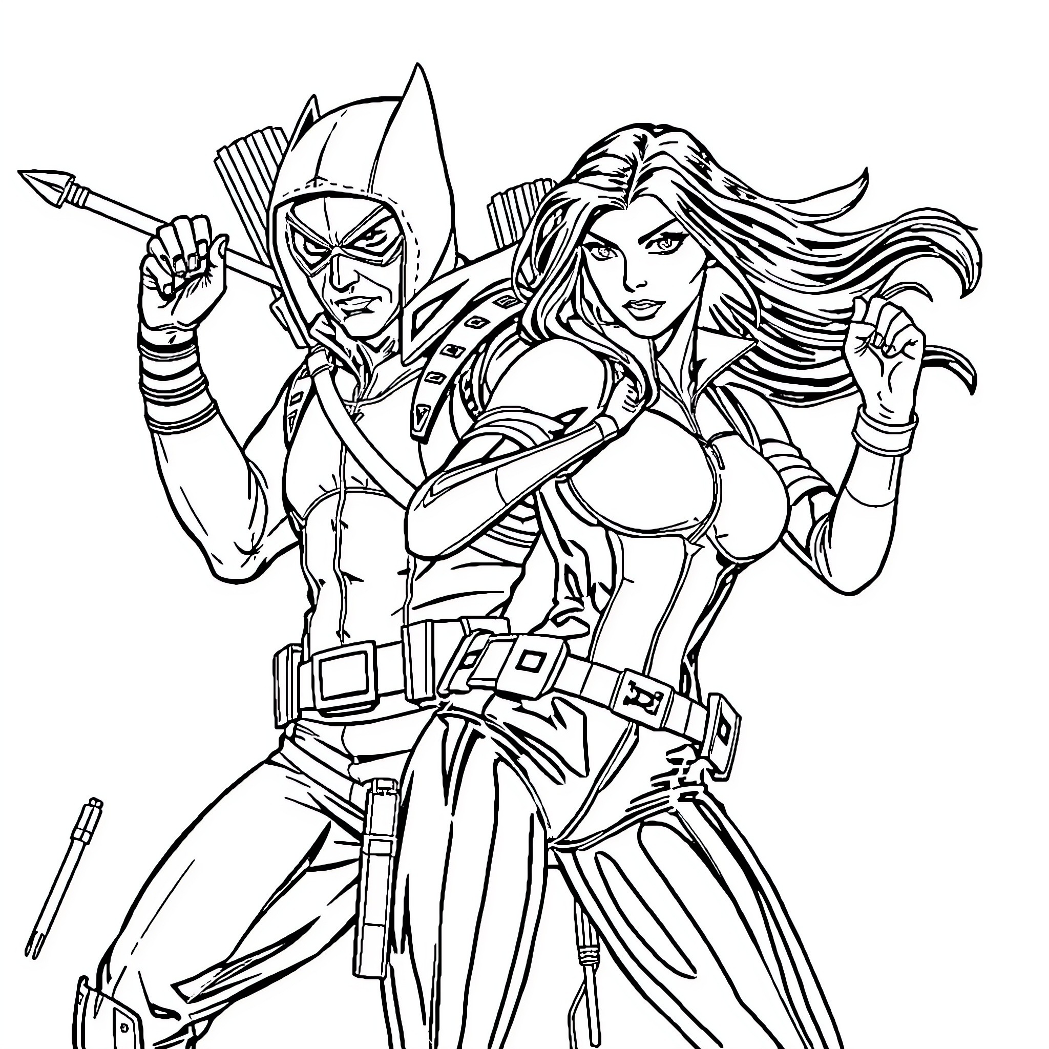 Hawkeye and Widow Heroic Pose Coloring Page (free black-and-white line drawing printable PDF for all, from beginners to advanced learners, including children, teens, adults, and seniors)