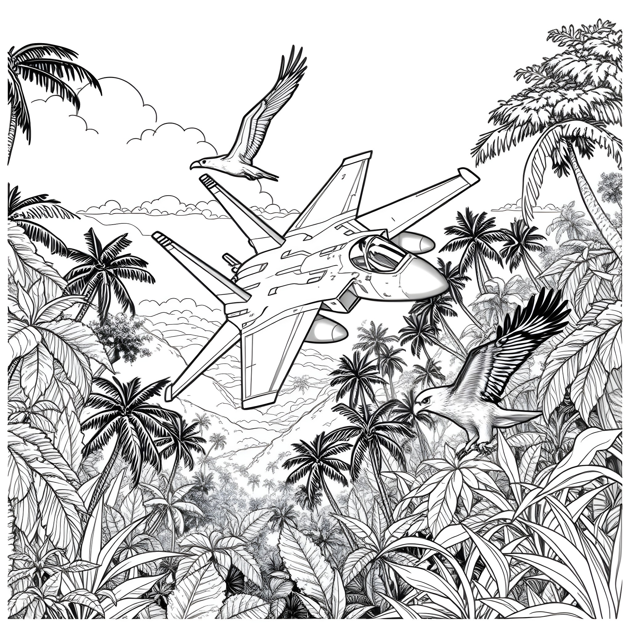 Eagle Soaring Over Tropical Jungle with Fighter Jet Coloring Page (free black-and-white line drawing printable PDF for all, from beginners to advanced learners, including children, teens, adults, and seniors)