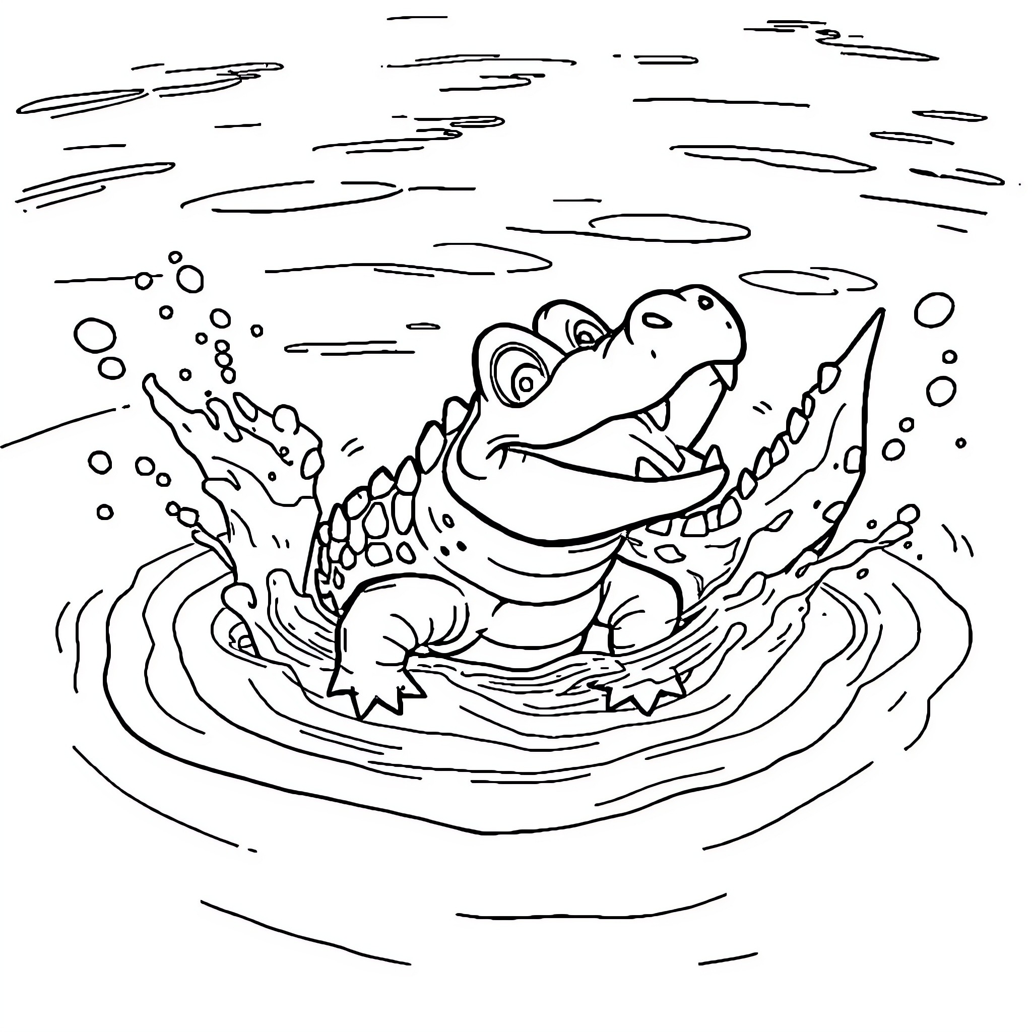 Totodile splashing in the water Coloring Page (free black-and-white line drawing printable PDF for all, from beginners to advanced learners, including children, teens, adults, and seniors)