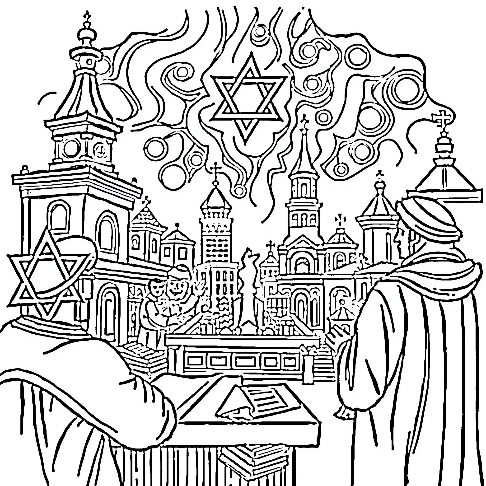 Capitalism and the Intermingling of Religious Symbols Coloring Page (free black-and-white line drawing printable PDF for all, from beginners to advanced learners, including children, teens, adults, and seniors)