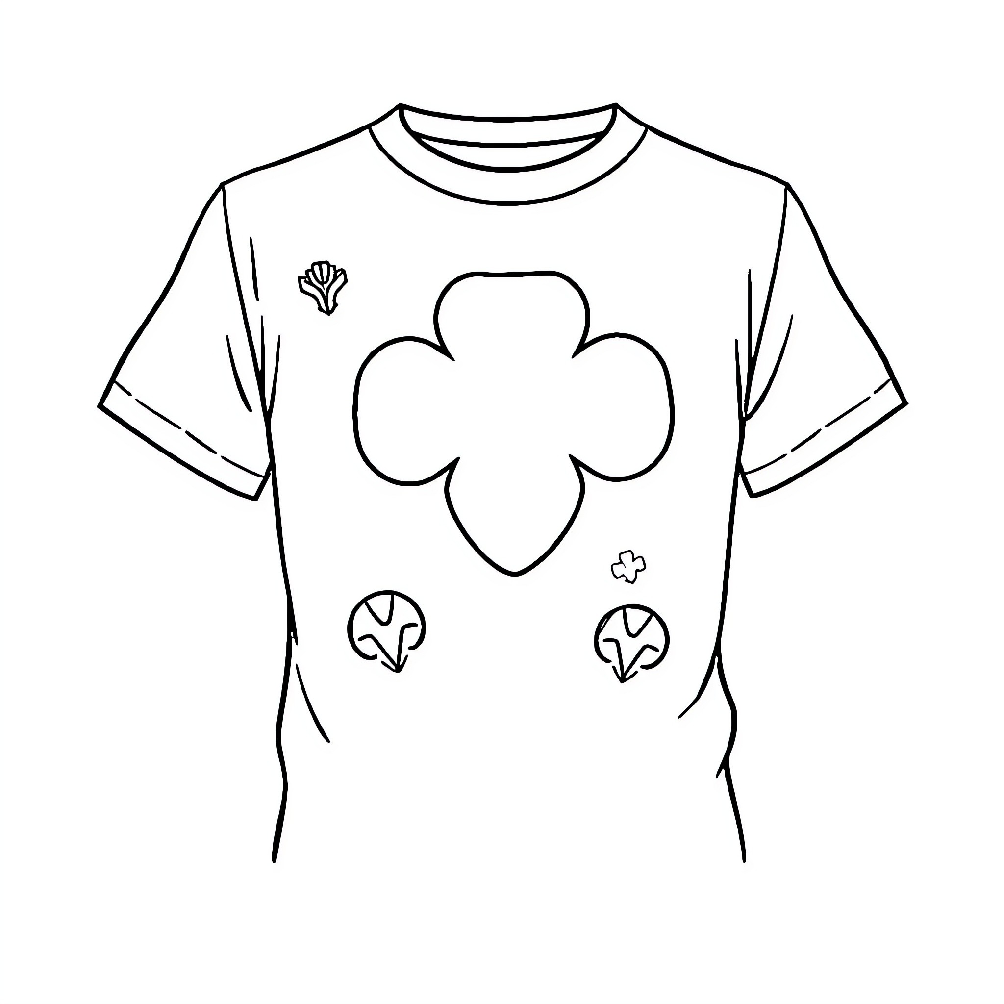 Girl Scout T-Shirt with Clover Designs Coloring Page (free black-and-white line drawing printable PDF for all, from beginners to advanced learners, including children, teens, adults, and seniors)
