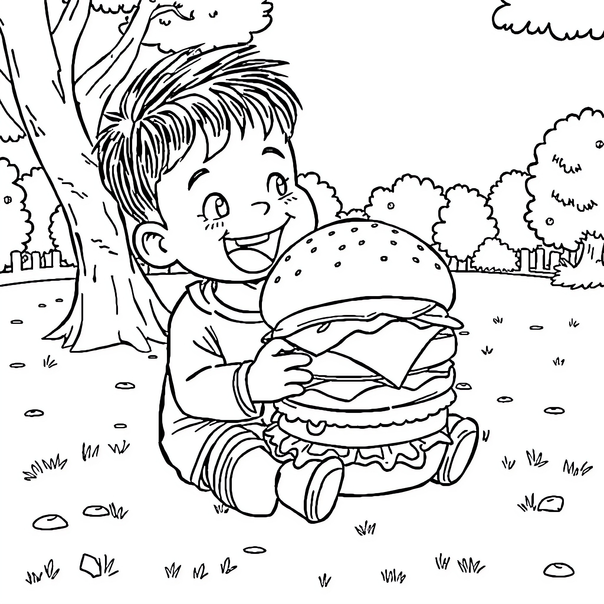 Child enjoying a tasty burger in the park Coloring Page (free black-and-white line drawing printable PDF for all, from beginners to advanced learners, including children, teens, adults, and seniors)