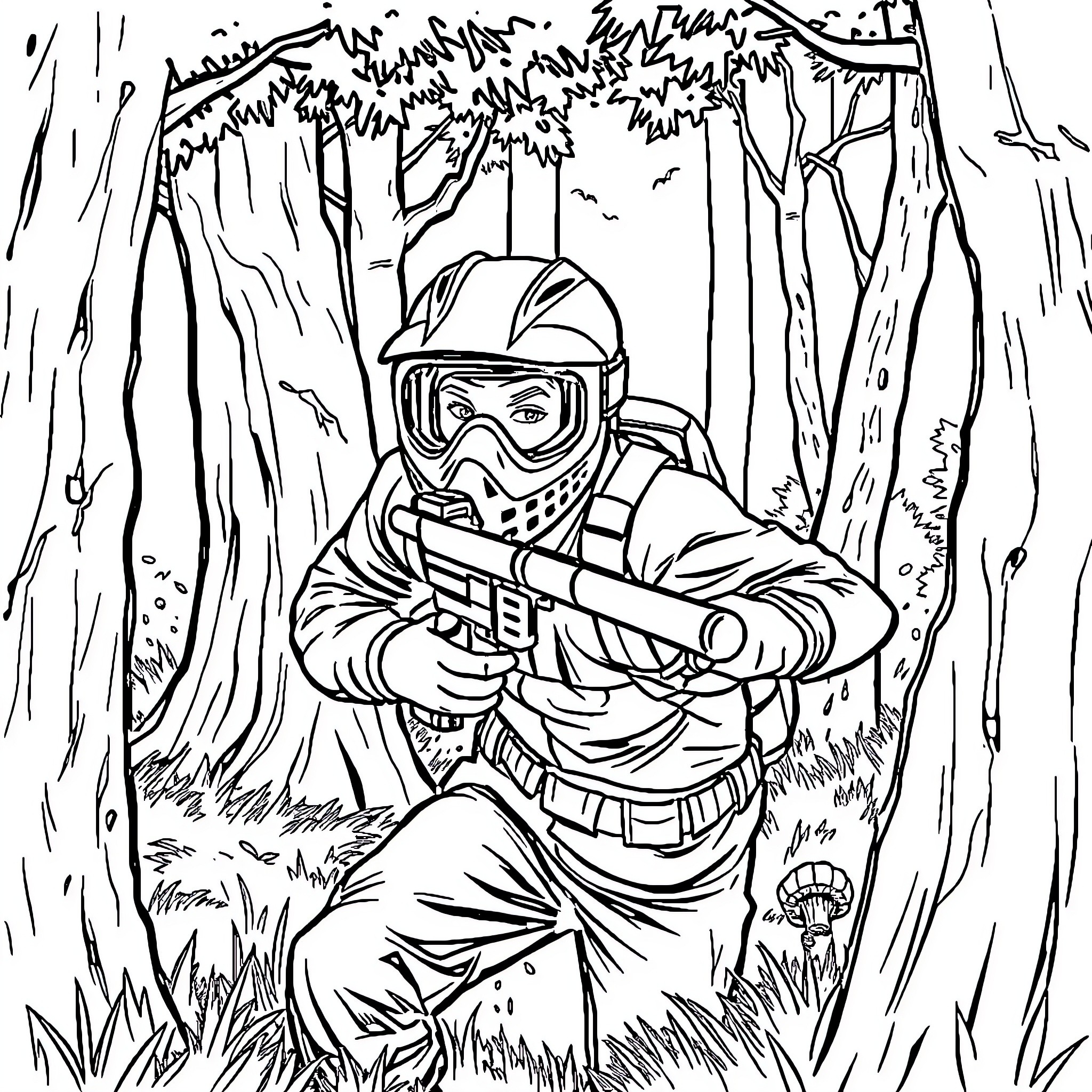 Kyle's Tactical Excursion in the Wilderness Coloring Page (free black-and-white line drawing printable PDF for all, from beginners to advanced learners, including children, teens, adults, and seniors)