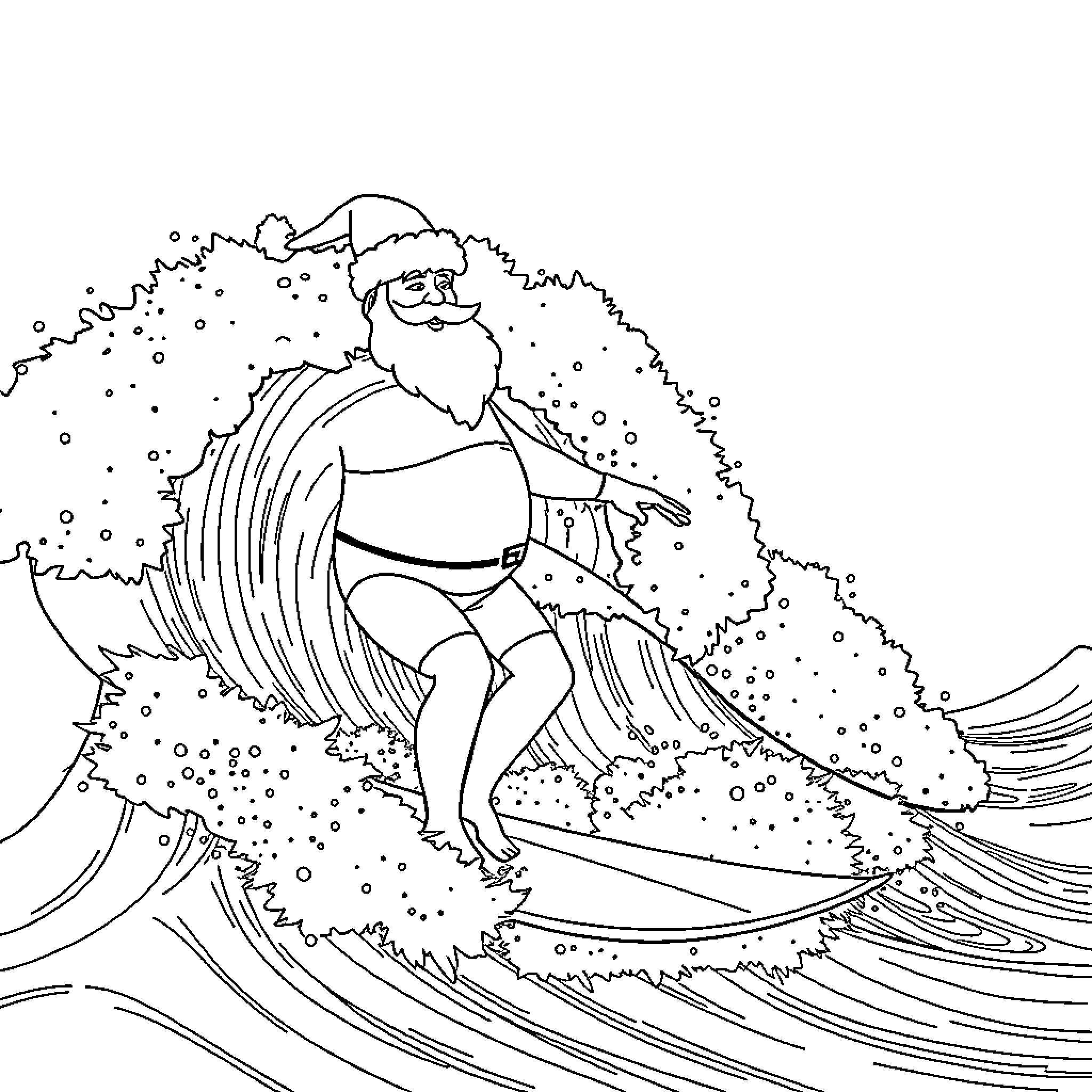 Santa Surfing on Festive Waves Coloring Page (free black-and-white line drawing printable PDF for all, from beginners to advanced learners, including children, teens, adults, and seniors)