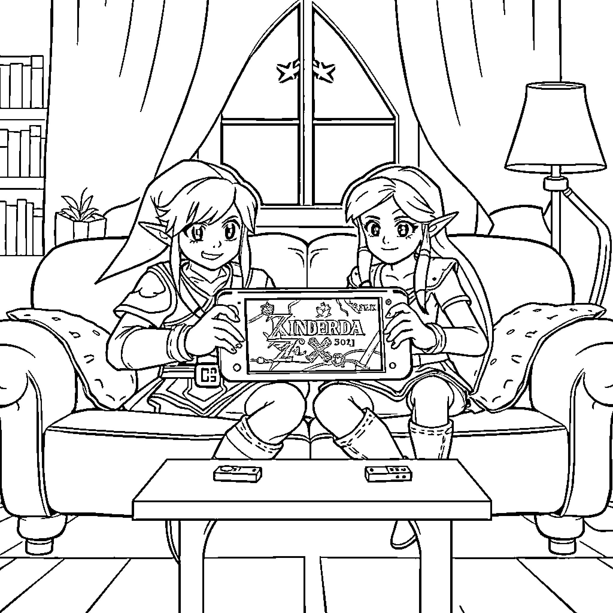 Link and Zelda playing video games together Coloring Page (free black-and-white line drawing printable PDF for all, from beginners to advanced learners, including children, teens, adults, and seniors)